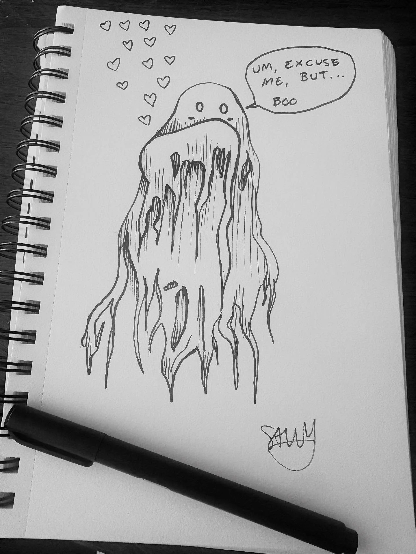 #inktober day 15: ragged. Raggedy ghost is actually just a super shy ghoul đģ #inktoberday15 #ghost #art #savvyart @inktober #drawing #pendrawing