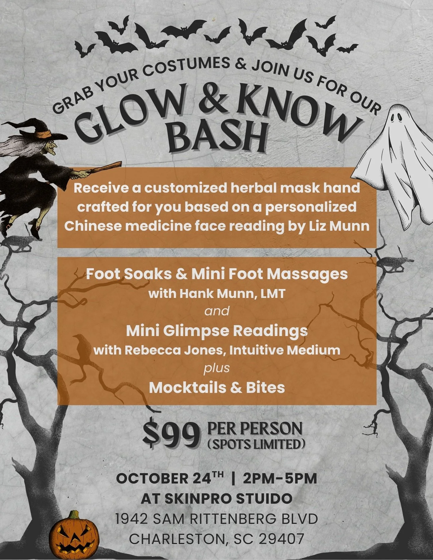 🎃 Join us for the Glow &amp; Know Bash! 🎃
Grab your costumes and enjoy:
&bull;  Custom herbal masks with Chinese medicine face readings by Liz Munn
&bull;  Foot soaks &amp; mini massages by Hank Munn, LMT
&bull;  Mini glimpse readings by @rebeccajo