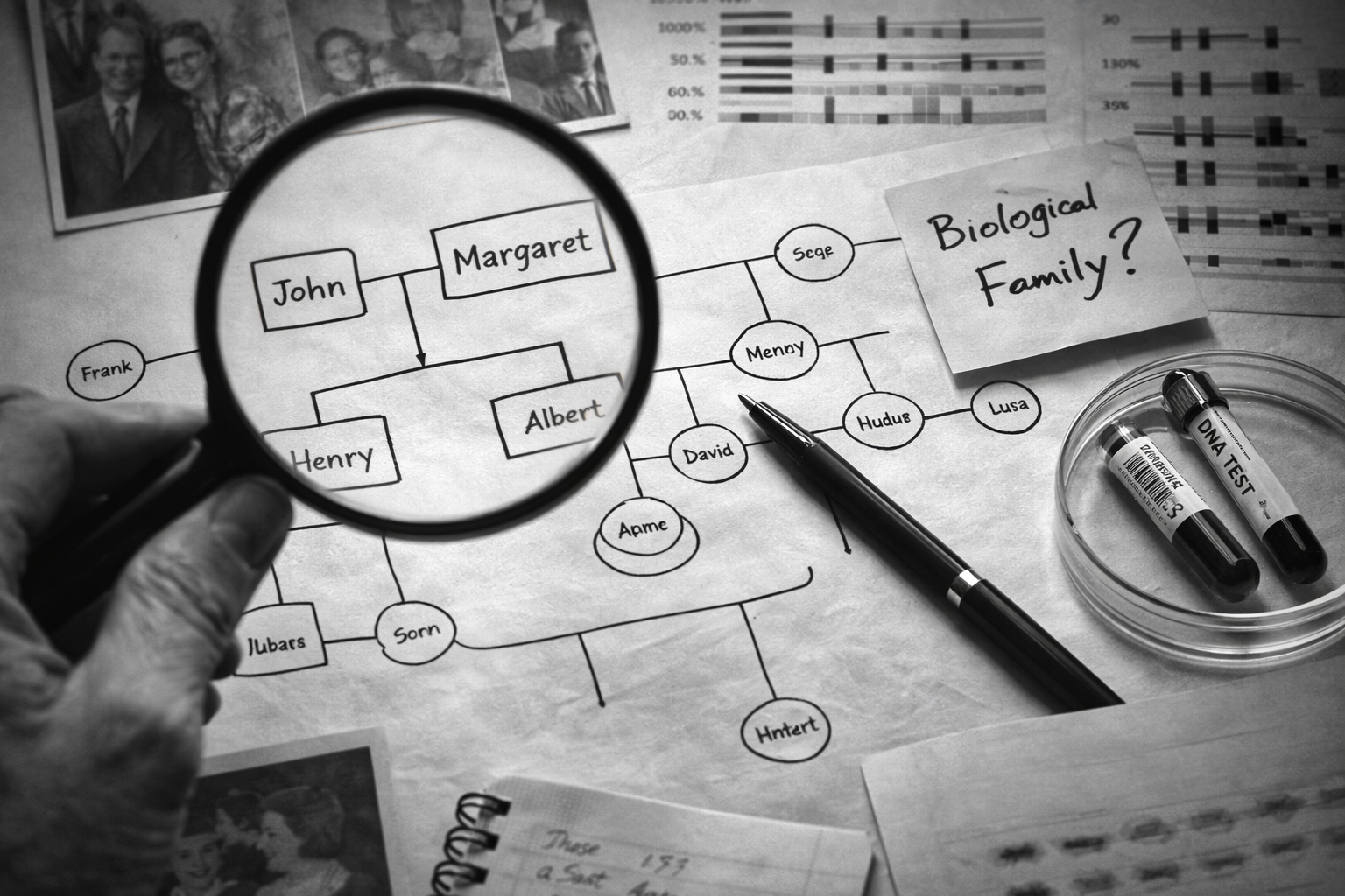 A hand holding a magnifying glass over a family tree diagram on paper, with a note questioning if it is a biological family. The family tree includes names like John, Margaret, Albert, and others, with connections indicating relationships. There are DNA test tubes, a pen, photographs, printed graphs, and notes surrounding the diagram.