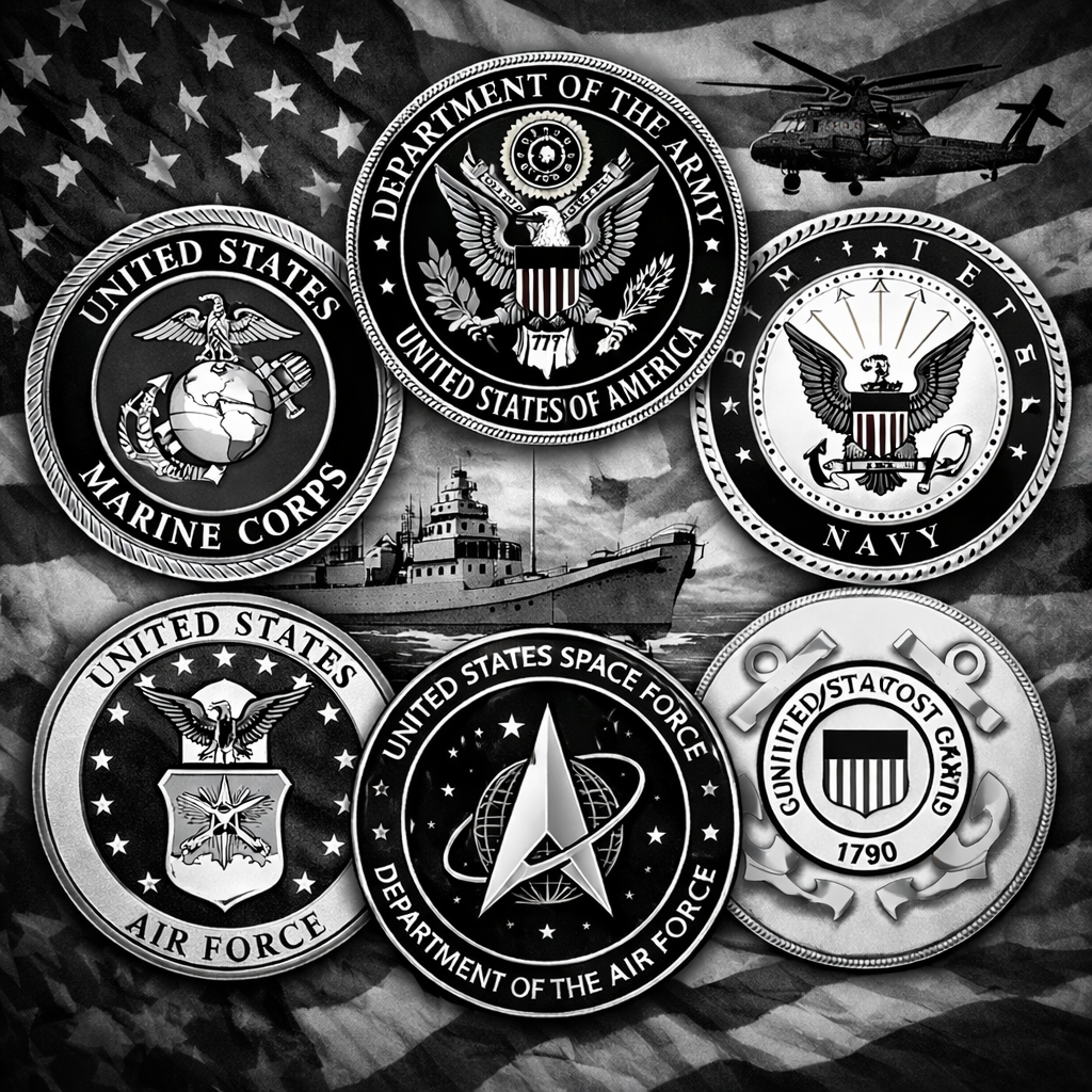 Black and white photograph of various United States military and space force medals and badges arranged on an American flag background, with a helicopter and a warship also visible.