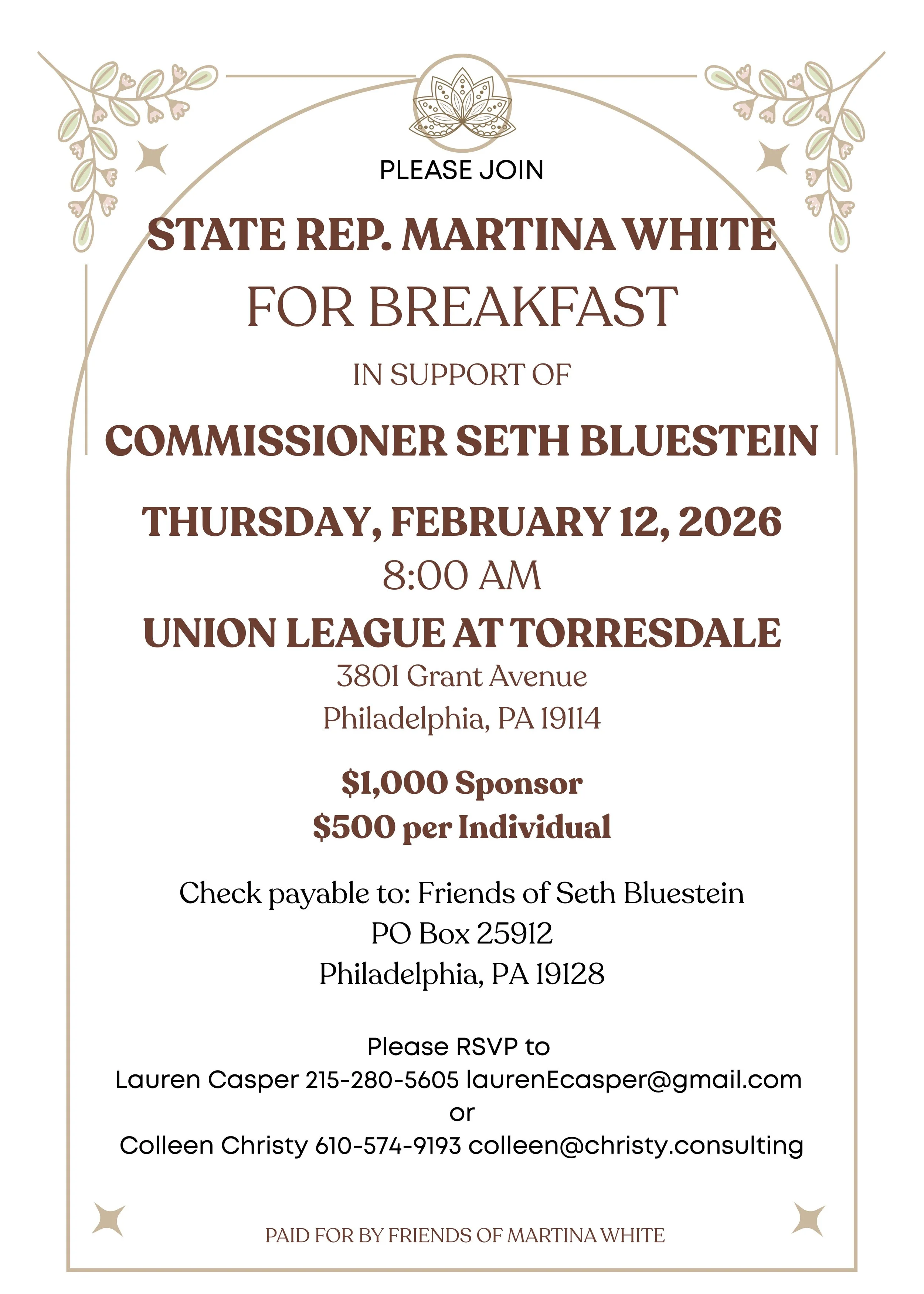 Breakfast with State Rep. Martina White in Support of Commissioner Seth Bluestein