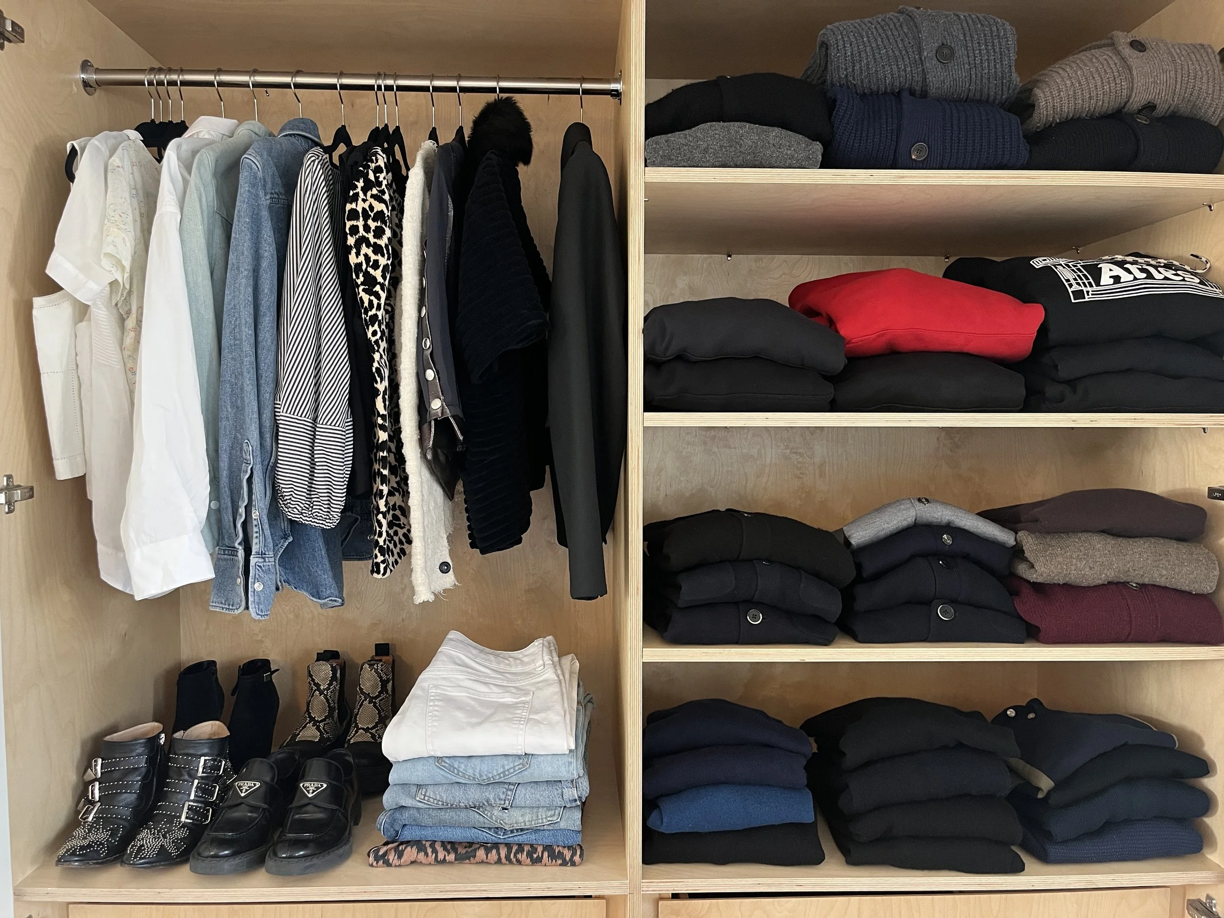 Organised Wardrobe with hanging clothes and shelves