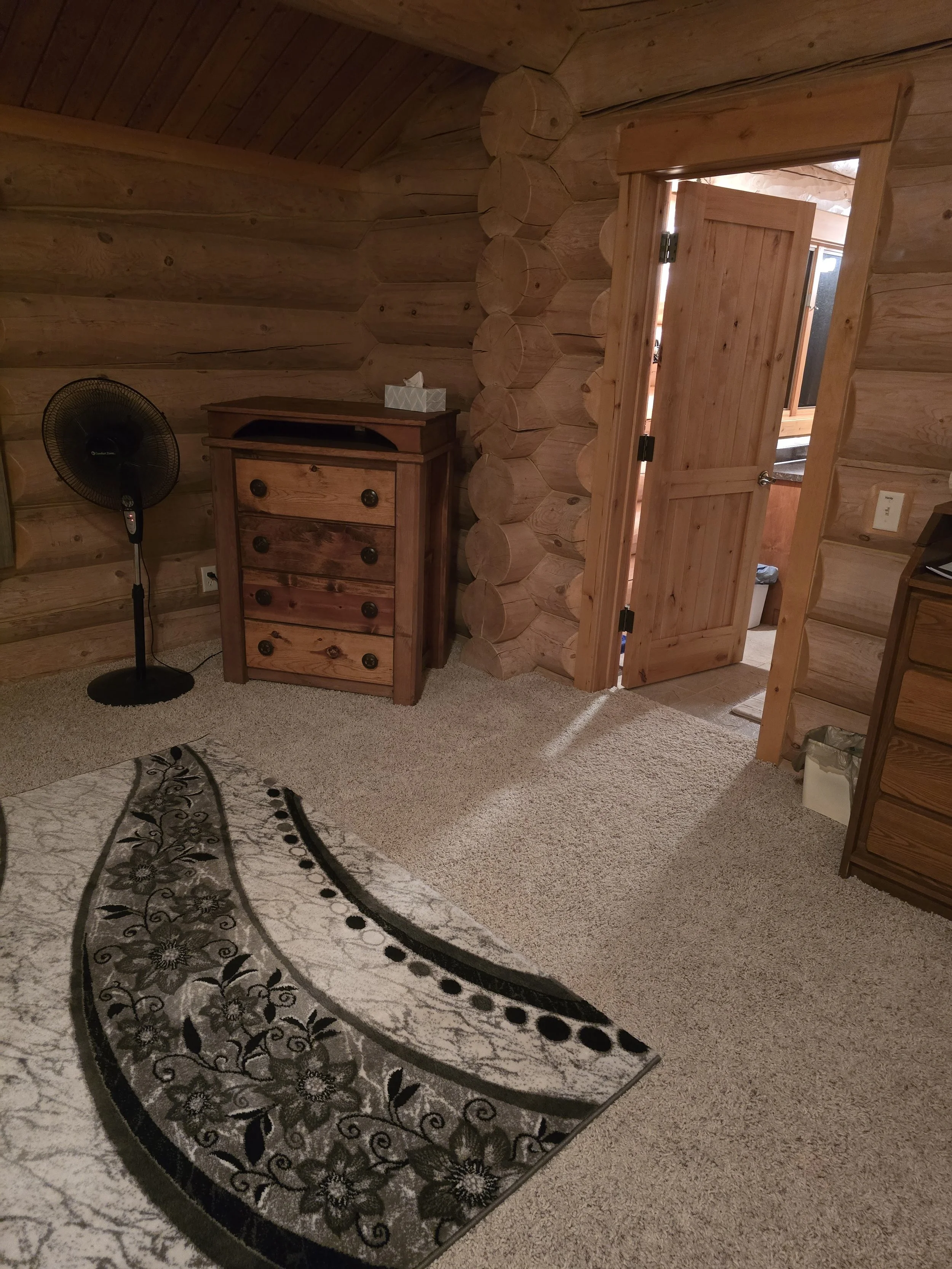 Log cabin room with wooden walls, a small dresser, a fan, and a patterned rug on the carpeted floor. An open door leads to another room.