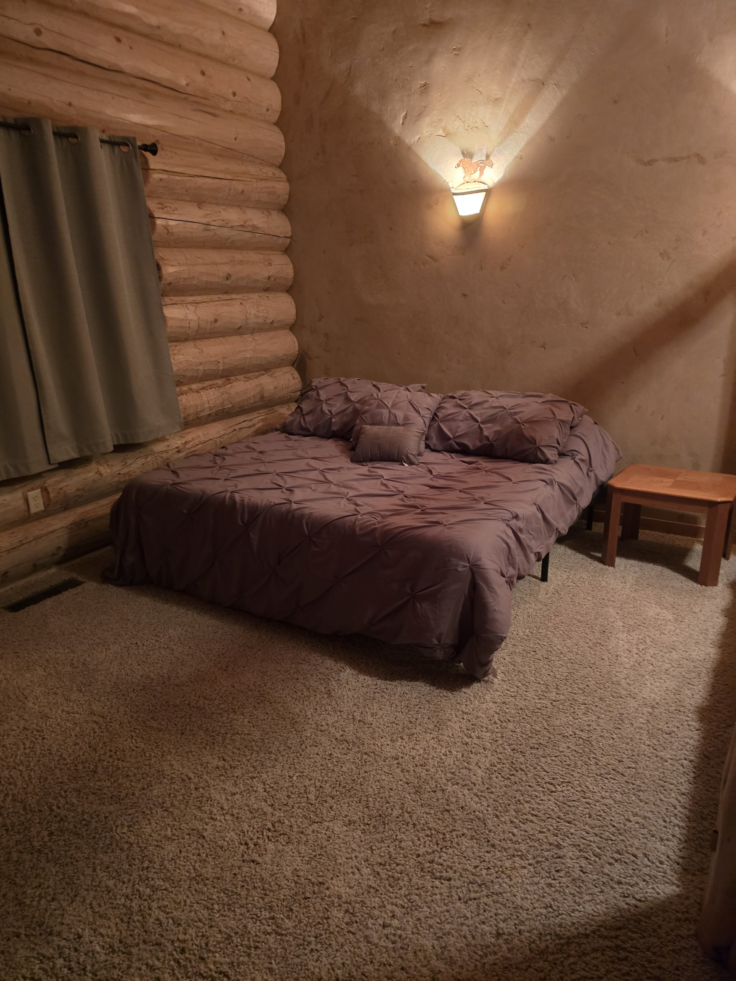 Cozy bedroom with log cabin walls, carpeted floor, double bed with bedding, bedside table, and wall sconce lighting.