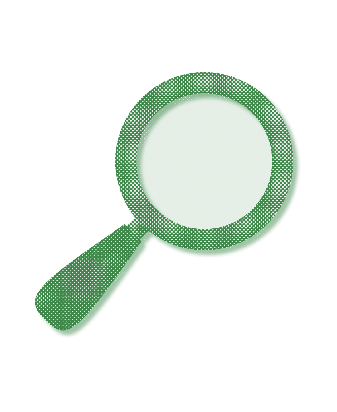Green polka-dotted magnifying glass silhouette on a black background.
