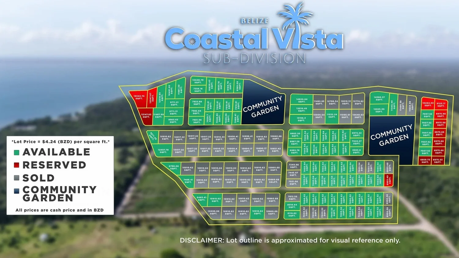 Phase 2 site plan showing available, reserved and sold lots and two community gardens