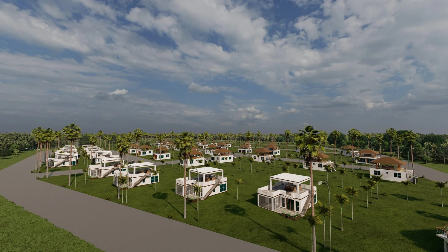 Rendering of modern white homes along a palm-lined road at Coastal Vista