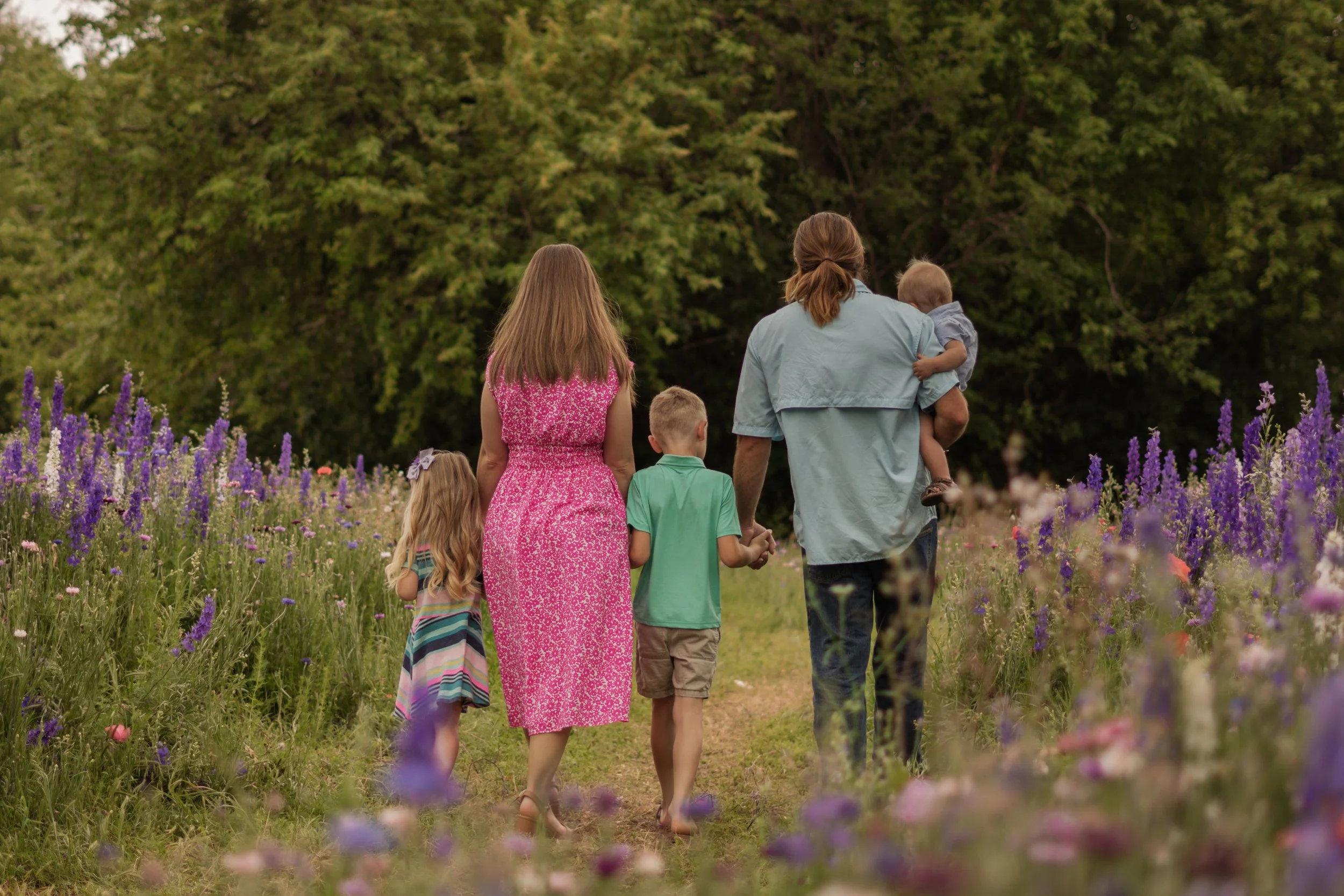 Family walking through a field of purple and pink flowers with green trees in the background