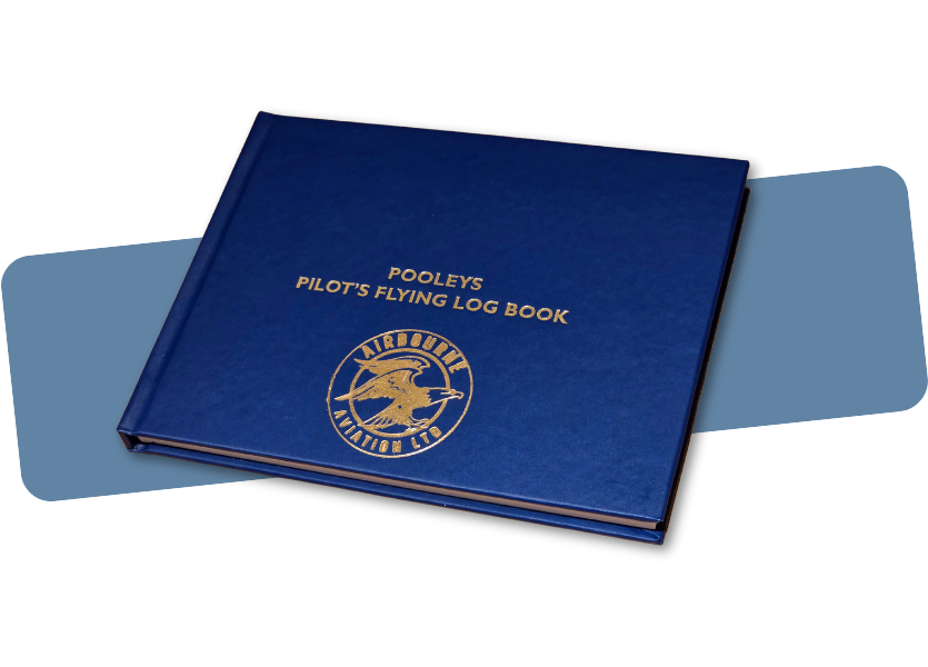 Blue pilot's flying log book with gold lettering and logo on the cover.