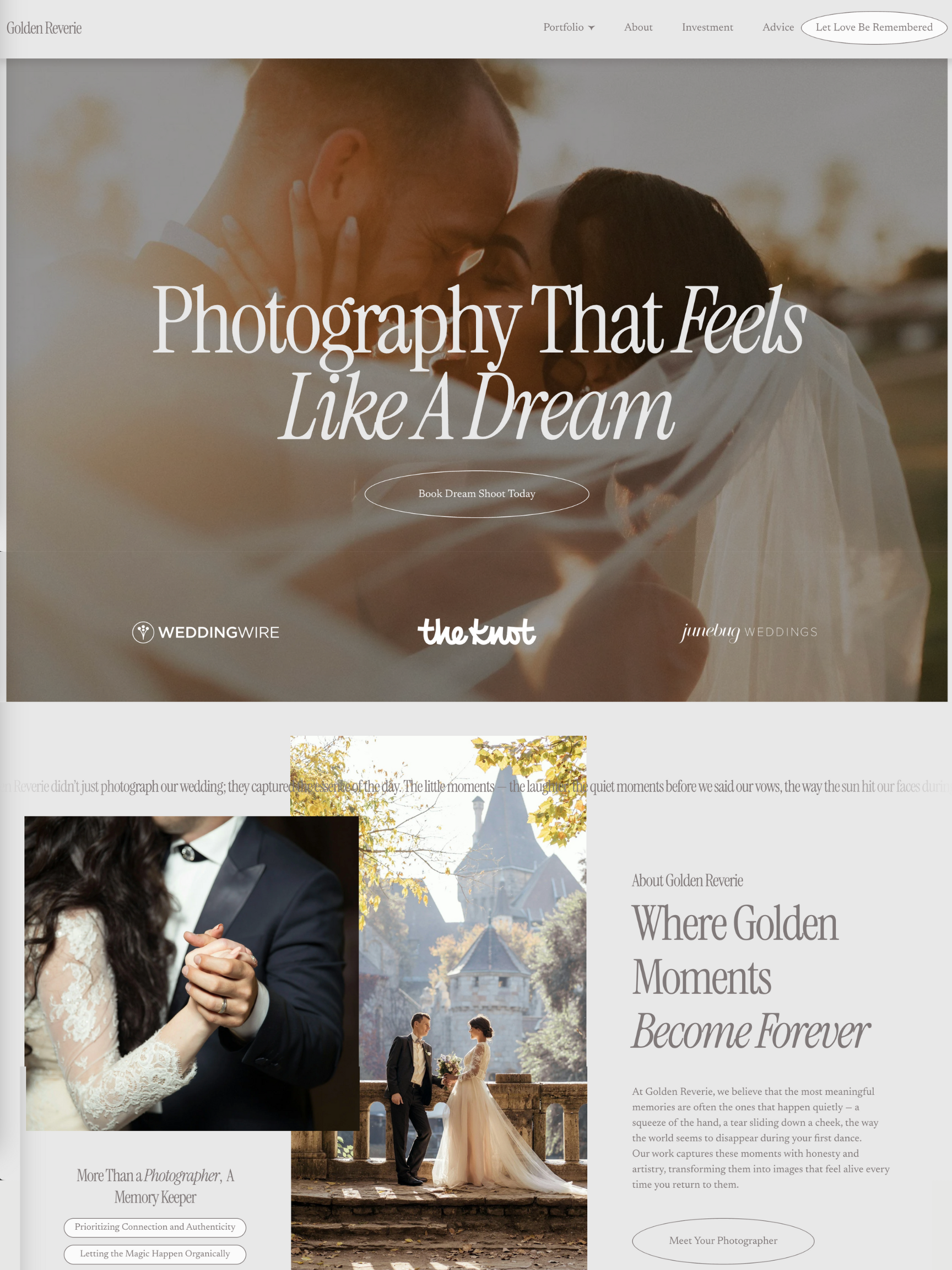 A romantic wedding website designed by Bear Design Company featuring a wedding photography business's home page.