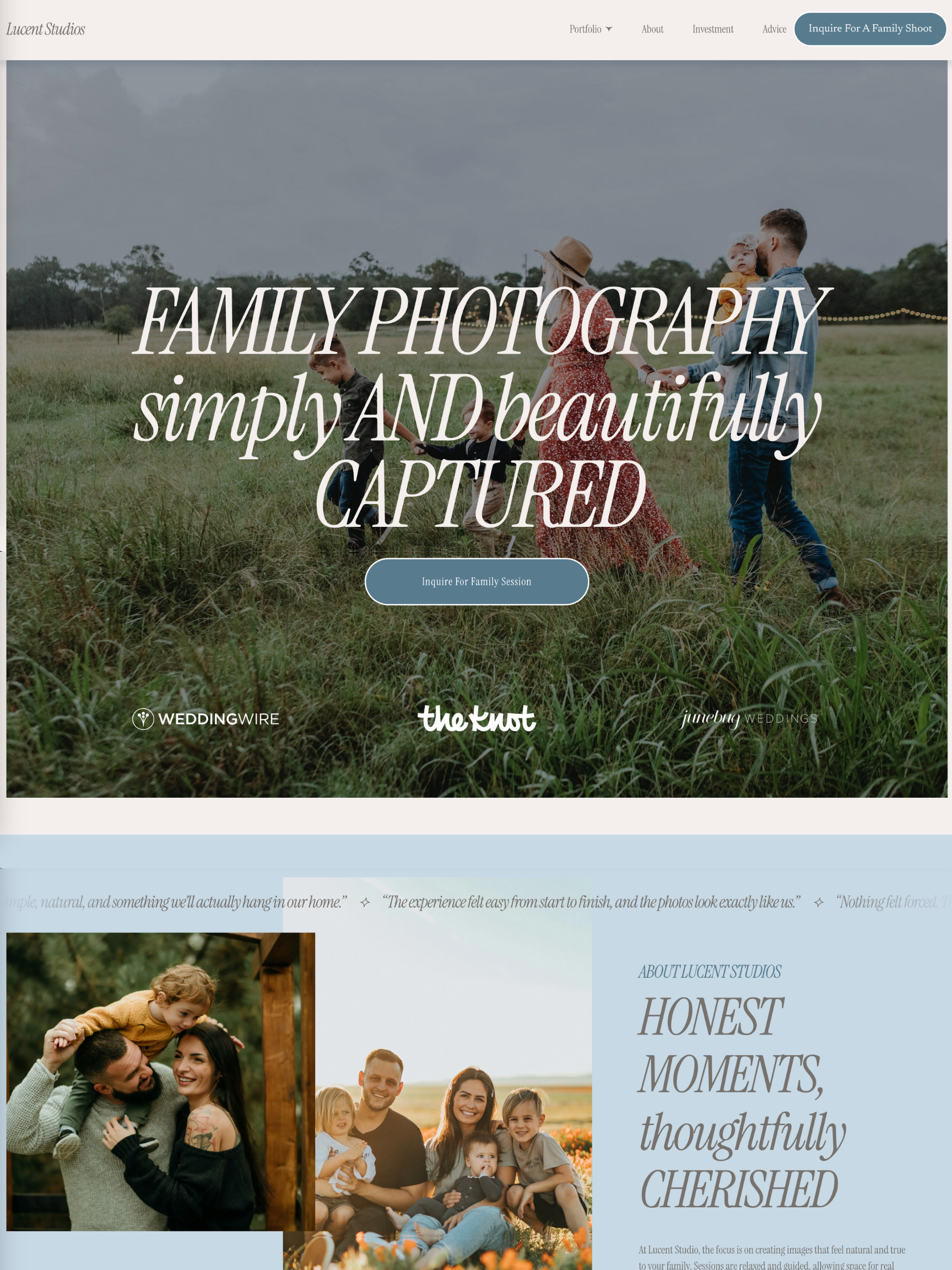 A family photographer website designed by Bear Design Company featuring a blue and beige colors.