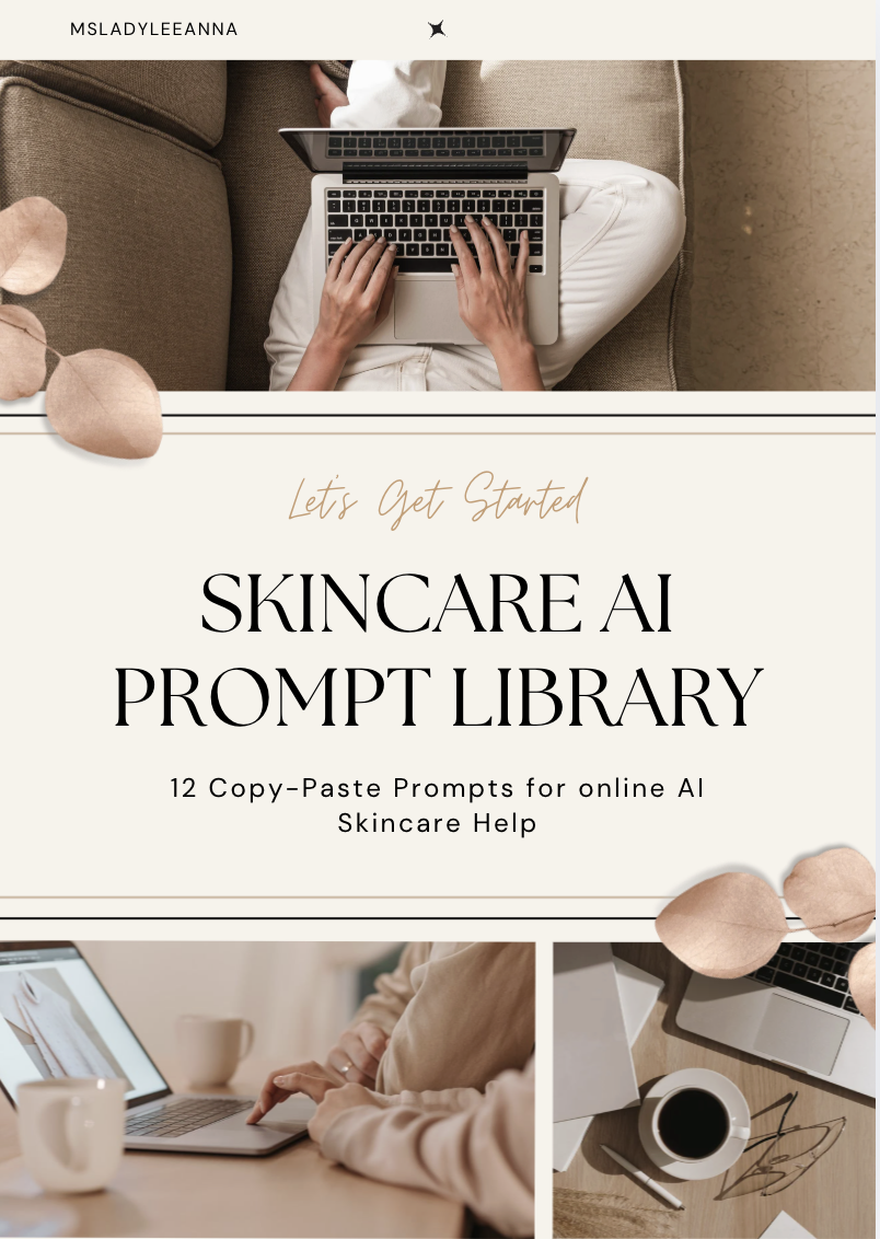 Cover page of a skincare AI prompt library featuring images of people working on laptops and a coffee cup, with a beige and soft pink color theme.
