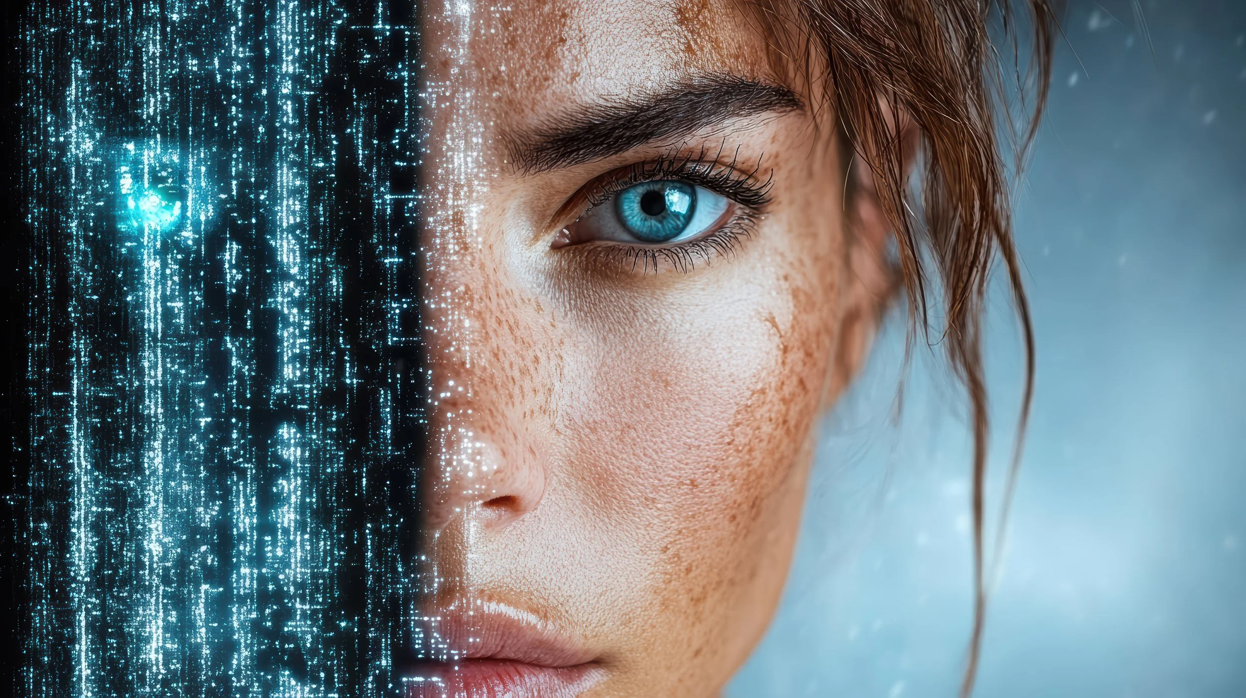 A close-up of a woman's face with blue eyes and freckles, with a digital, futuristic overlay of bright blue data streams on the left side.