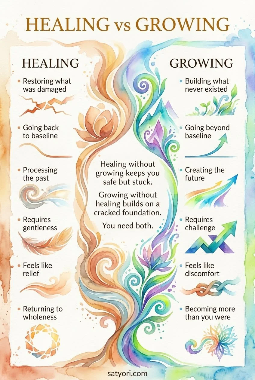 Diagram comparing healing and growing, depicting healing as restoring damage, going back to baseline, processing the past, requiring gentleness, feeling relief, and returning to wholeness. Growing is shown as building what never existed, going beyond