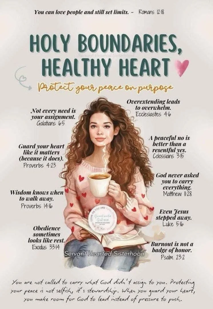 A woman with long curly hair sitting with a Bible, holding a cup of coffee, surrounded by inspirational Bible verses about love, peace, and rest, with the title 'Holy Boundaries, Healthy Heart' and the subtitle 'Protect your peace on purpose.'