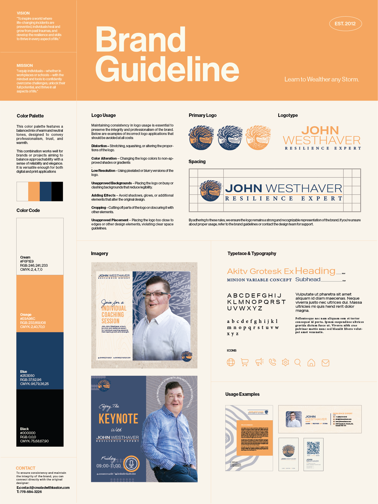 A brand guideline document for John Westhaver, resilience expert. The document includes sections on brand vision, mission, color palette with specific colors and codes, logo usage guidelines, primary logo and logotype examples, spacing rules, imagery