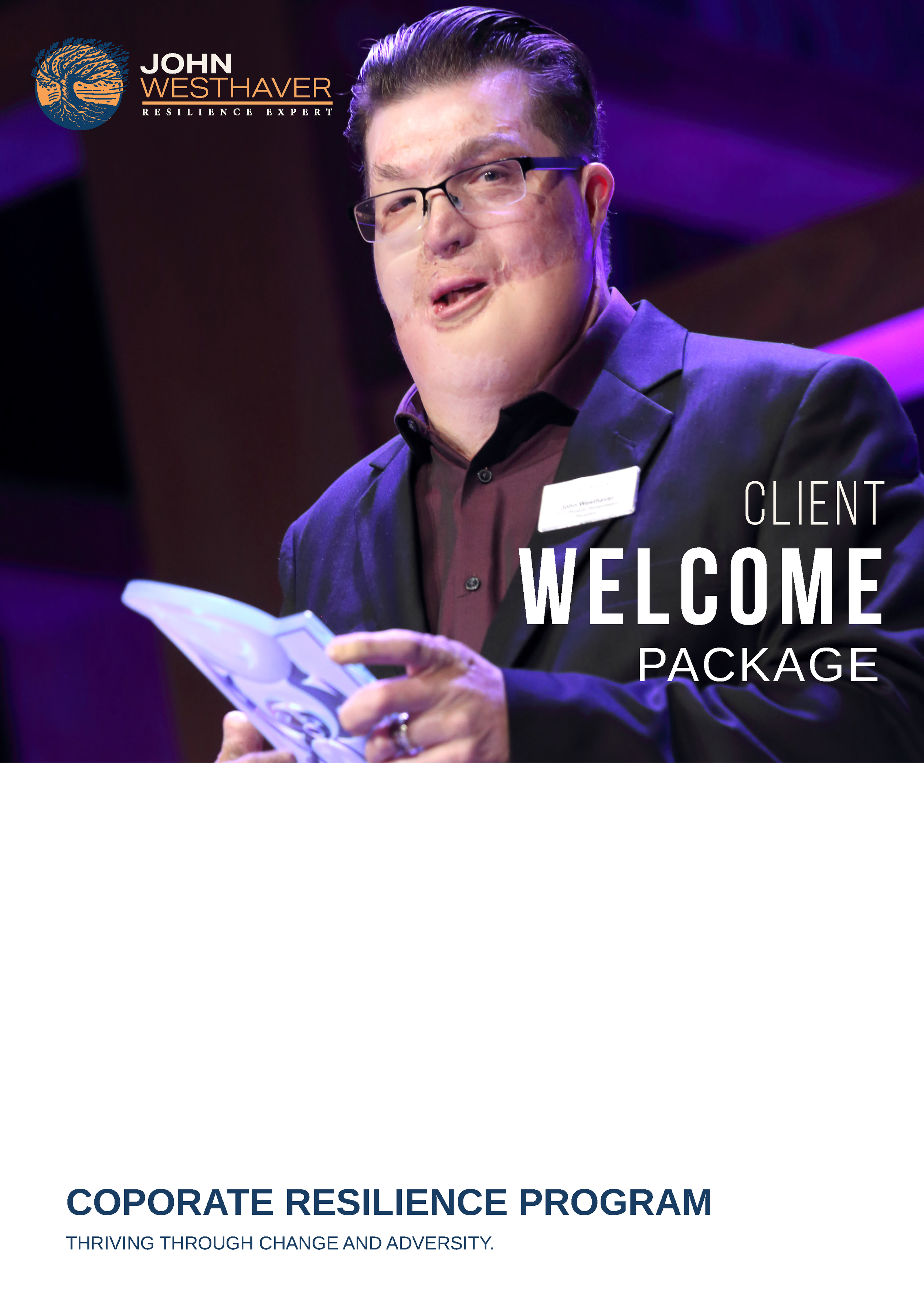 A man wearing glasses and a dark blazer holding a brochure or booklet at a corporate event. The event is titled 'Client Welcome Package' as part of a 'Corporate Resilience Program' focused on thriving through change and adversity. The top left corner