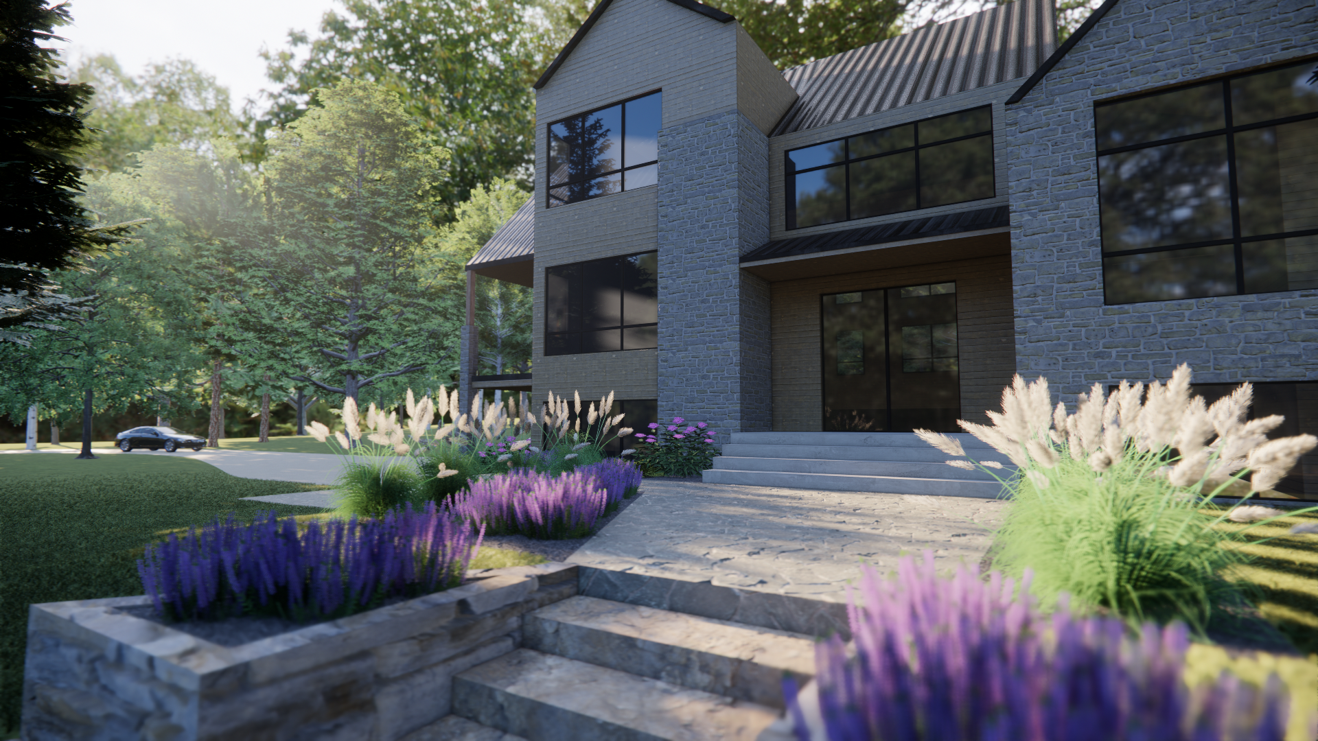 Modélisation 3D d’un aménagement paysager résidentiel à St-Hippolyte avec graminées, vivaces et escalier en pierre devant une maison moderne