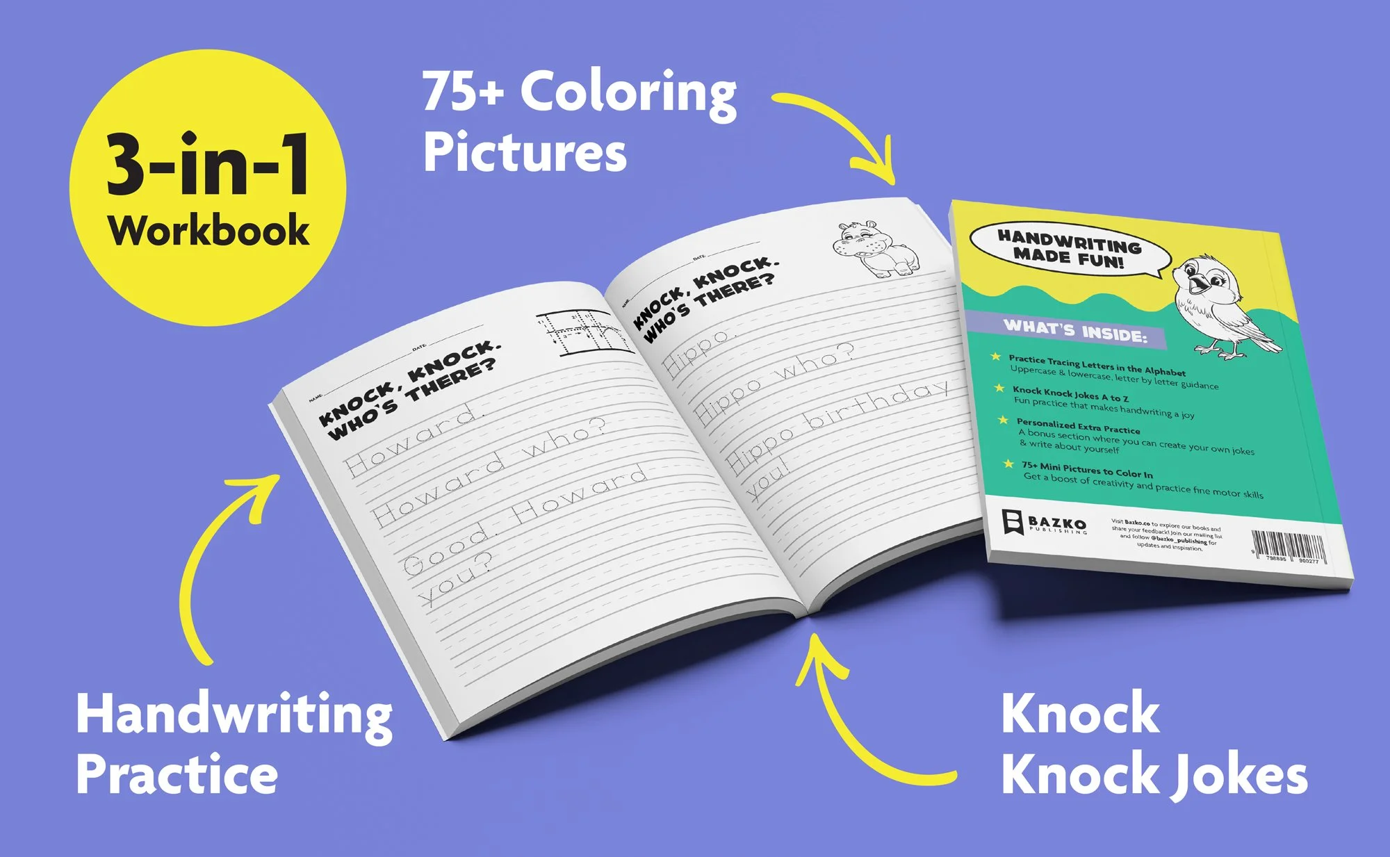 Bazko Publishing. Print Handwriting Practice Workbook for ages  A image for a "3-in-1 Workbook" with handwriting practice, knock-knock jokes, and over 75 coloring pictures.