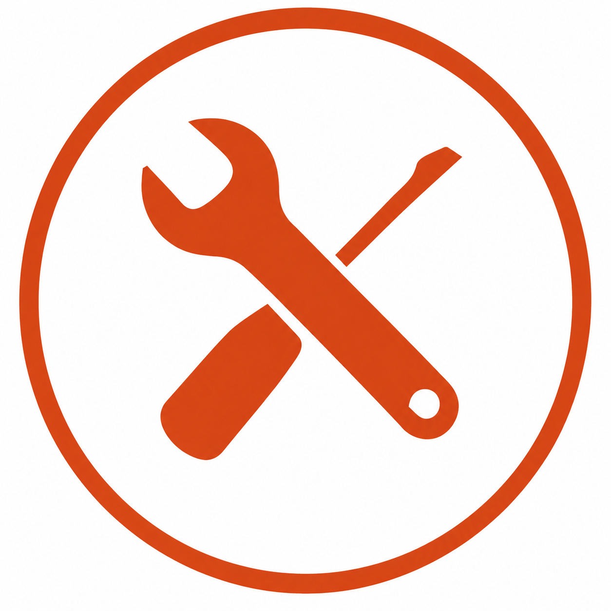Red icon with a wrench, screwdriver, and paintbrush inside a circle, indicating maintenance or repair.