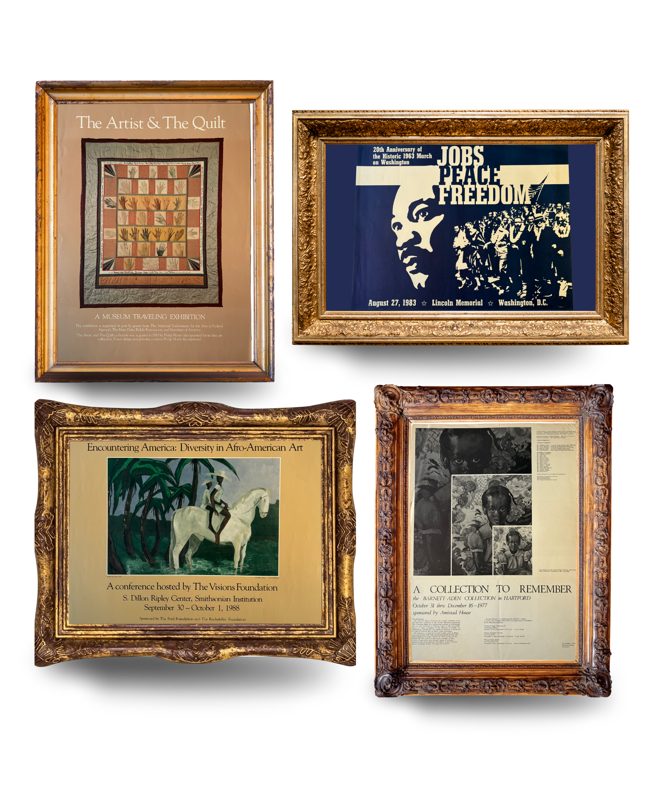 Gallery wall featuring four vintage framed exhibition posters celebrating African American art and civil rights history, arranged in ornate frames