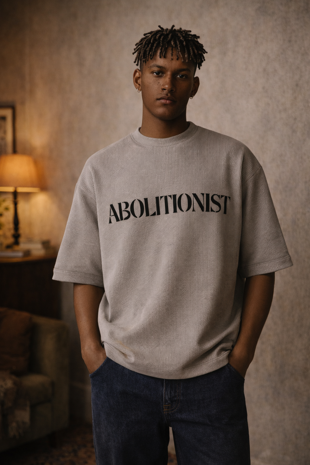 Black male model wearing the FTTP Freedom Fighter Tee featuring “Abolitionist” typography, styled in a warm editorial setting that reflects cultural resistance, heritage, and purpose-driven streetwear.