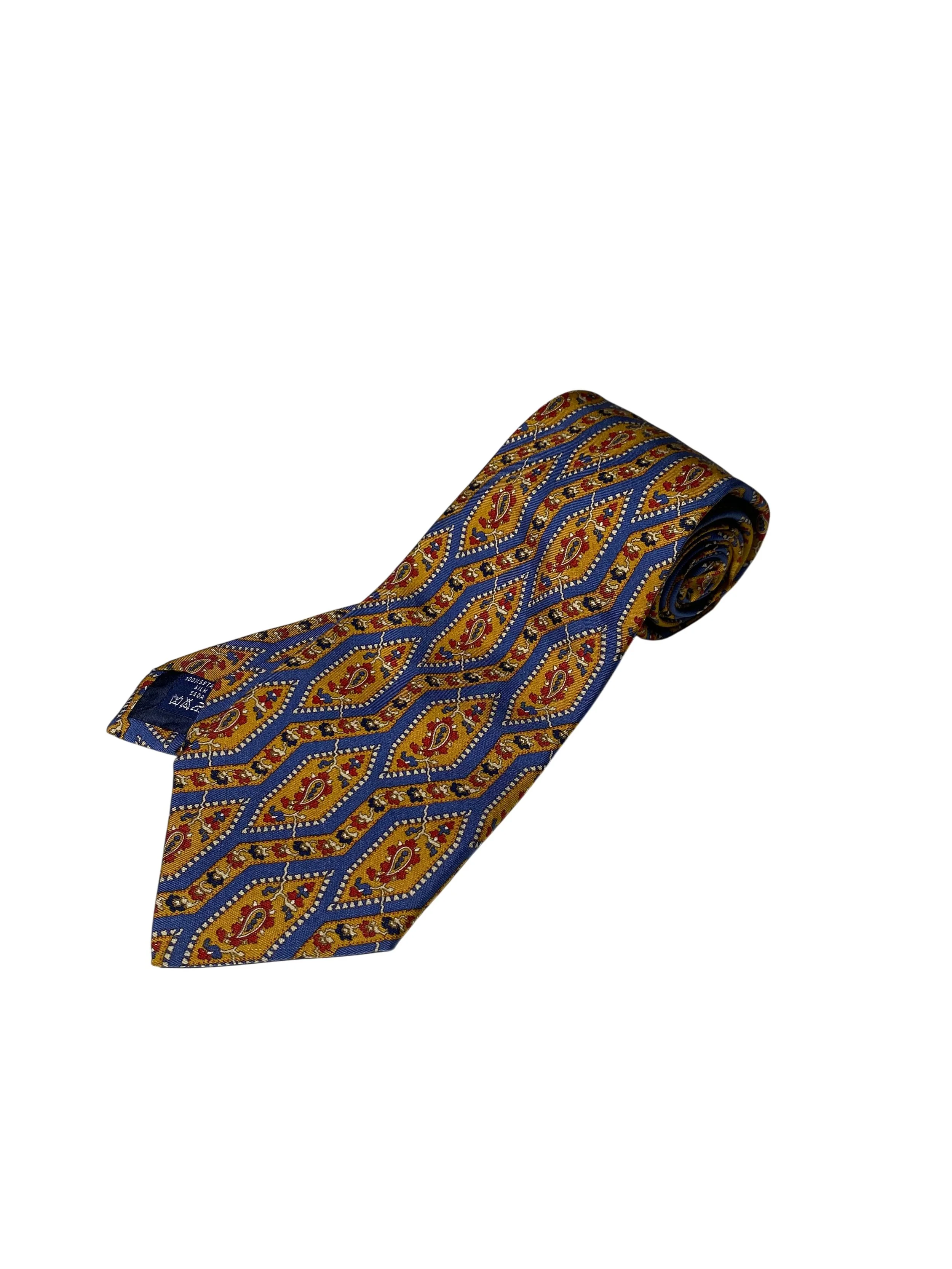 Vintage 1980s Burberrys Gold and Blue Paisley Necktie
