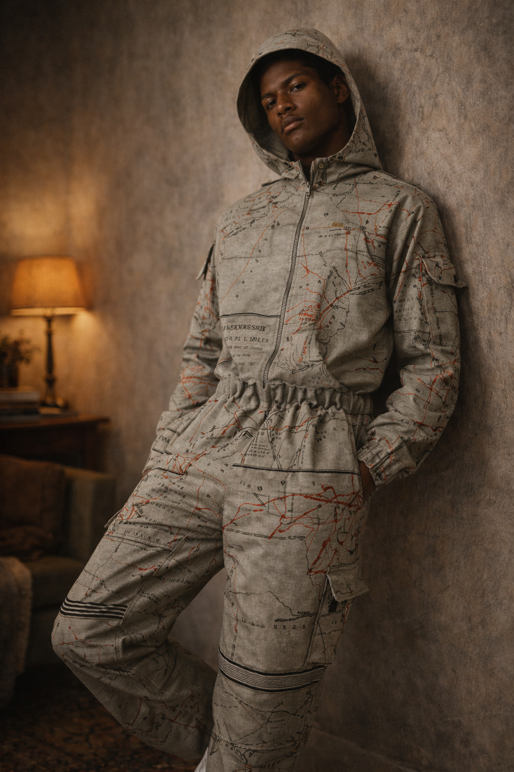 Black male model wearing the FTTP Escape Suit — a map-print hooded jacket and matching pants — leaning against a textured wall in a warm editorial setting, highlighting the collection’s movement, history, and functional streetwear design.