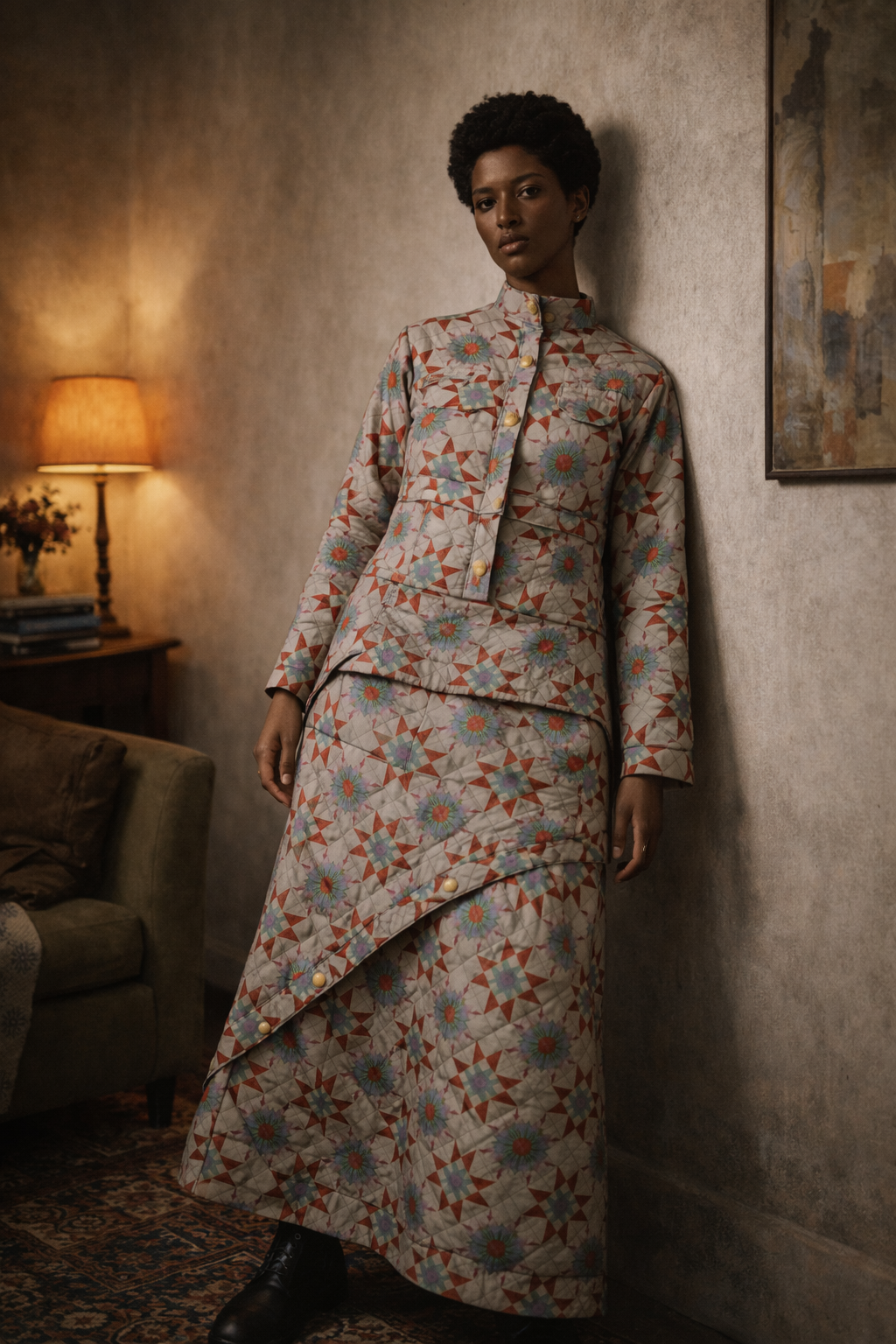 Black female model wearing the FTTP Quilt Set, featuring a heritage-inspired quilted pattern jacket and skirt, styled in a warm editorial interior that highlights craftsmanship, cultural storytelling, and circular design.