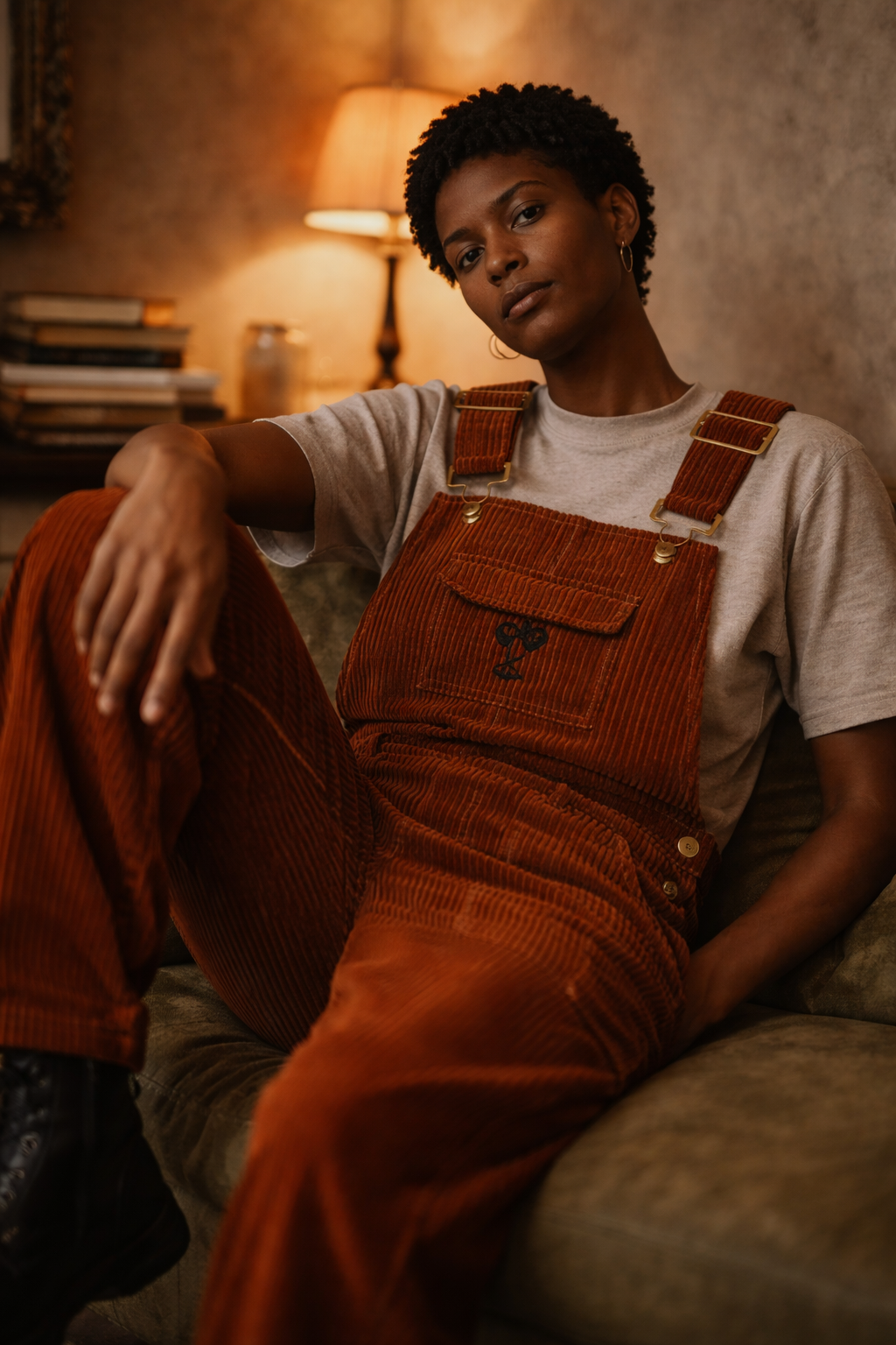 Black female model wearing the FTTP Conductor Cargo Overalls in rust corduroy, styled in an intimate editorial setting that reflects heritage workwear, movement, and cultural storytelling.