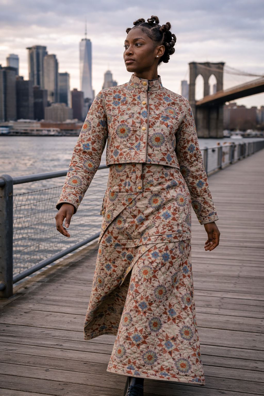 Model walking along the Brooklyn waterfront wearing a quilted patterned jacket and skirt set from the FTTP circular streetwear collection.