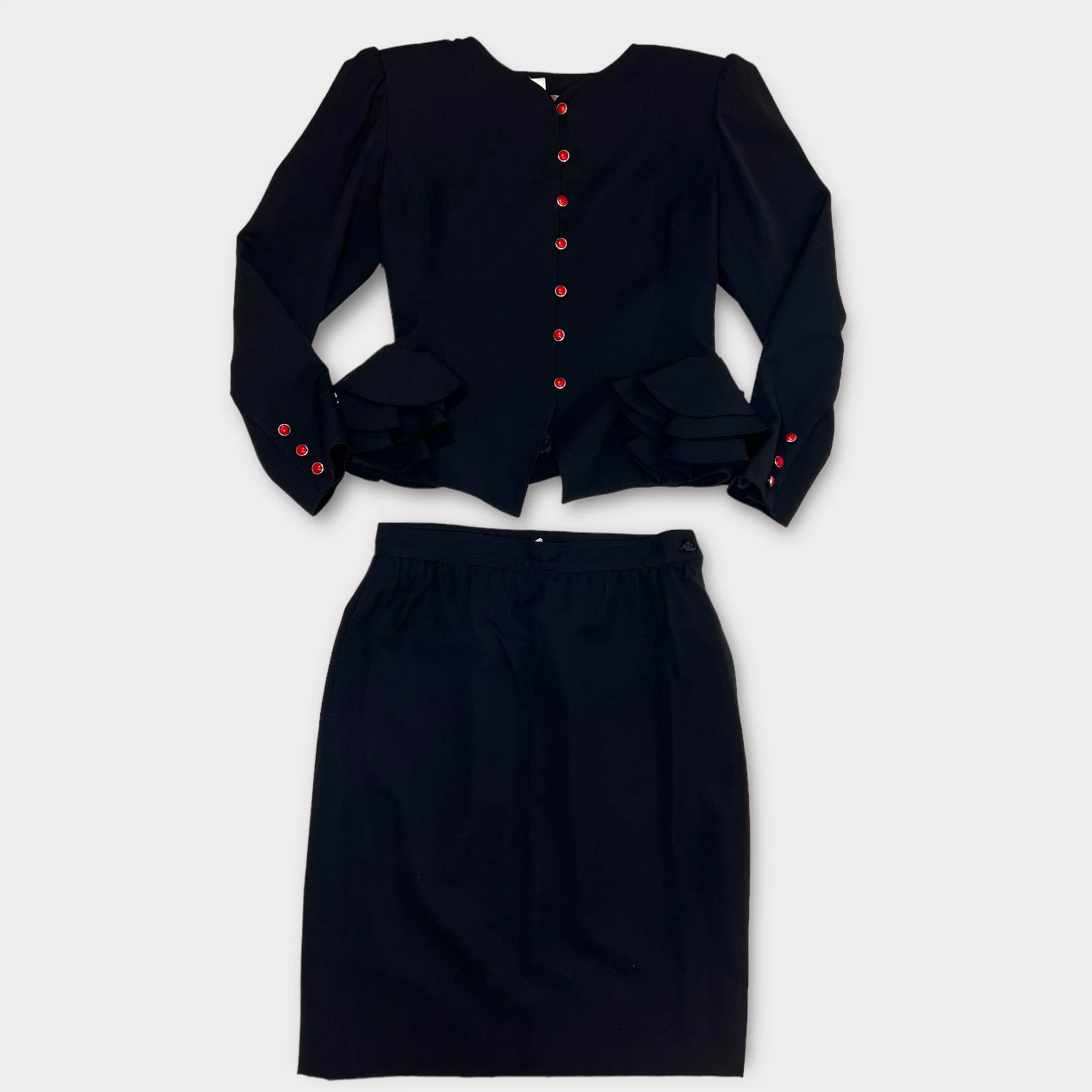 Vintage 1980s Emmanuel Ungaro Black Ruffled Skirt Suit