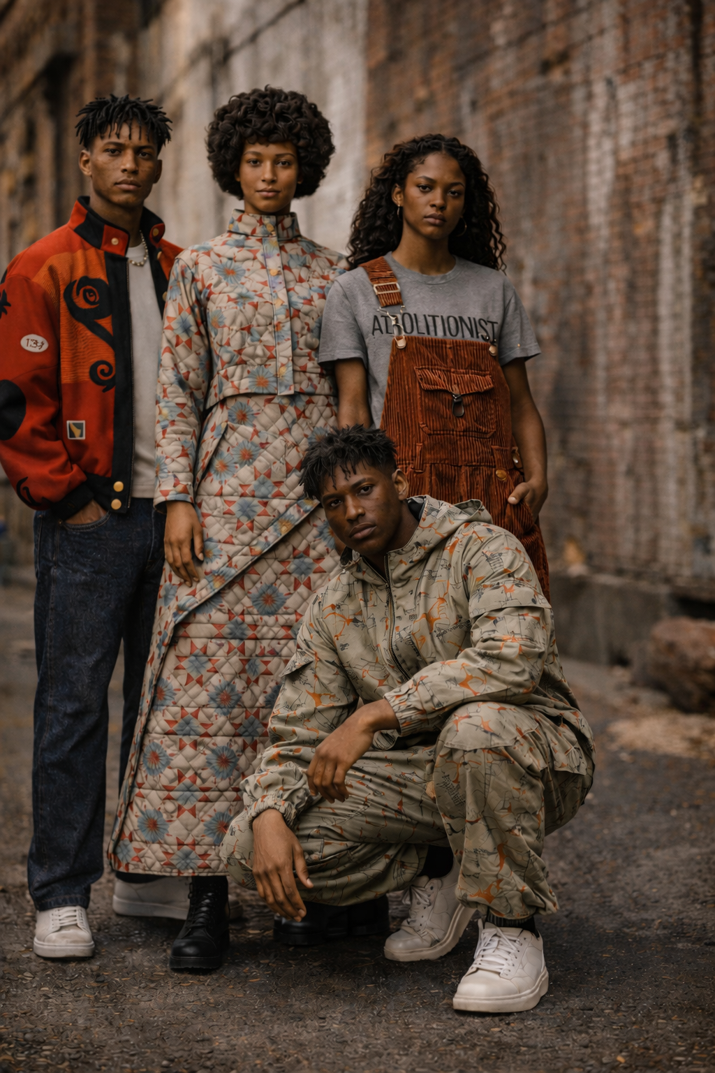 Four Black models styled in FTTP Circular Streetwear pieces pose together in a warm studio setting, showcasing the Benjamin Banneker racing jacket, quilted heritage set, abolitionist tee, and corduroy overalls in a unified editorial portrait.