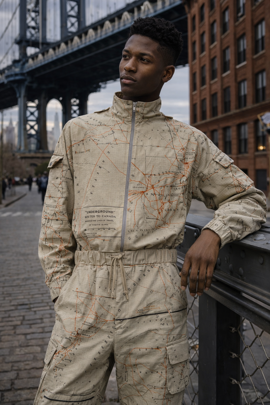 Model wearing map-print utility jacket and cargo pants from the FTTP circular streetwear collection in DUMBO, Brooklyn.