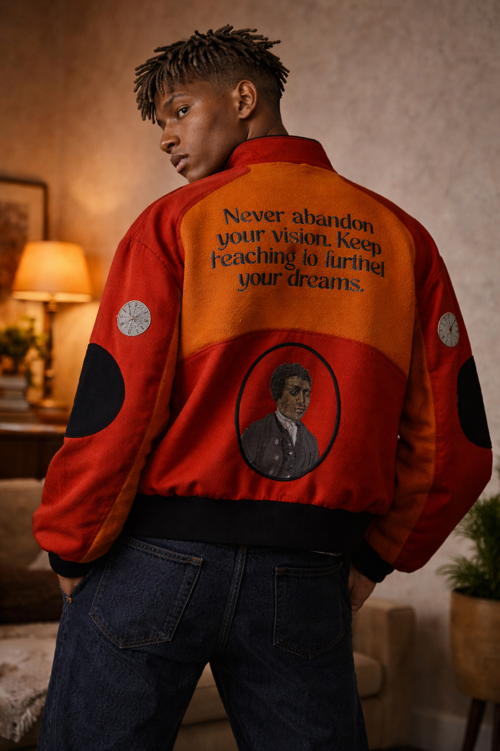 Back view of a red and orange Benjamin Banneker racing jacket featuring a portrait of the astronomer, clock patches on the sleeves, and the embroidered quote: "Never abandon your vision. Keep reaching to further your dreams."