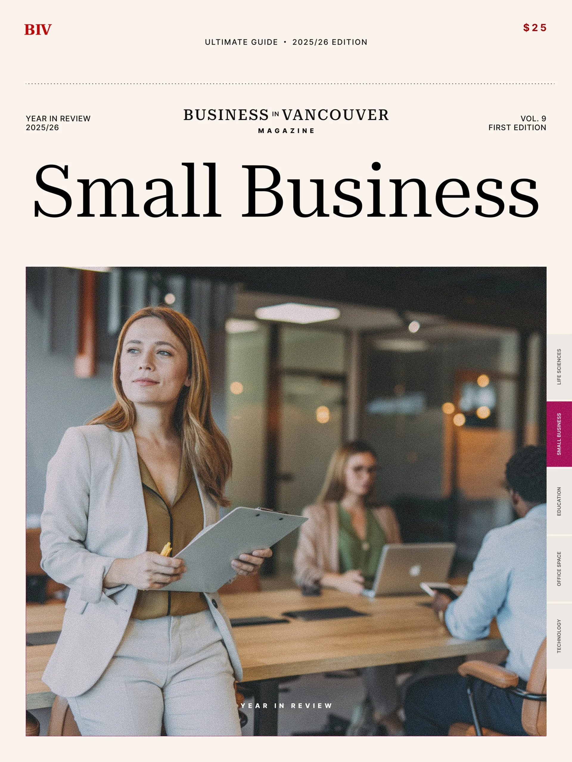 Cover of BIV Magazine titled 'Women in Business 2022' featuring a woman looking into the distance in an urban cityscape, highlighting themes of women leading change in traditionally male-dominated fields.