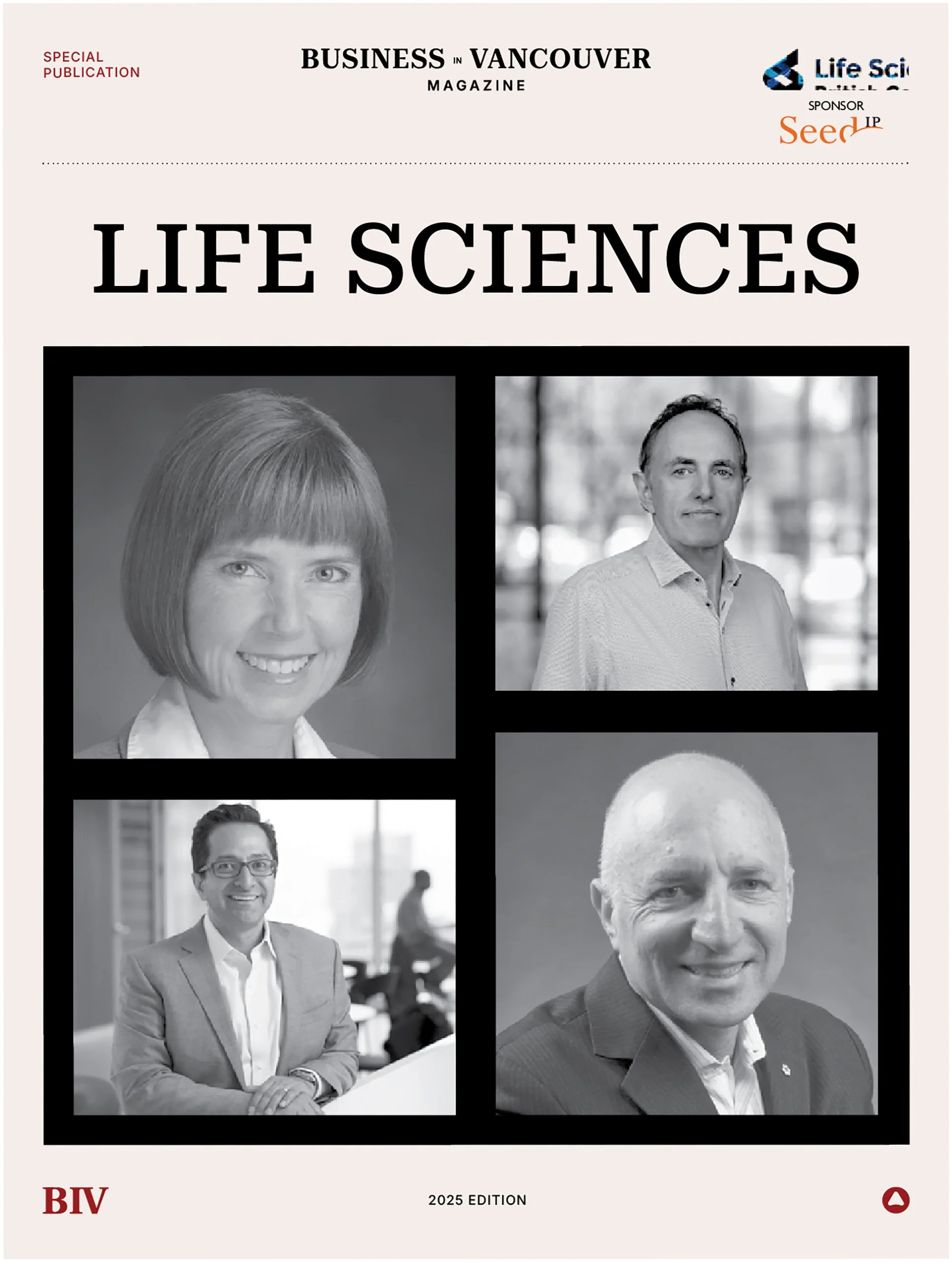 Cover of a publication titled "Life Sciences 2024" with images of medical professionals using stethoscopes, reviewing data, and handling vials. Features logos for "Life Sciences British Columbia," "Seed IP," and "BIV."