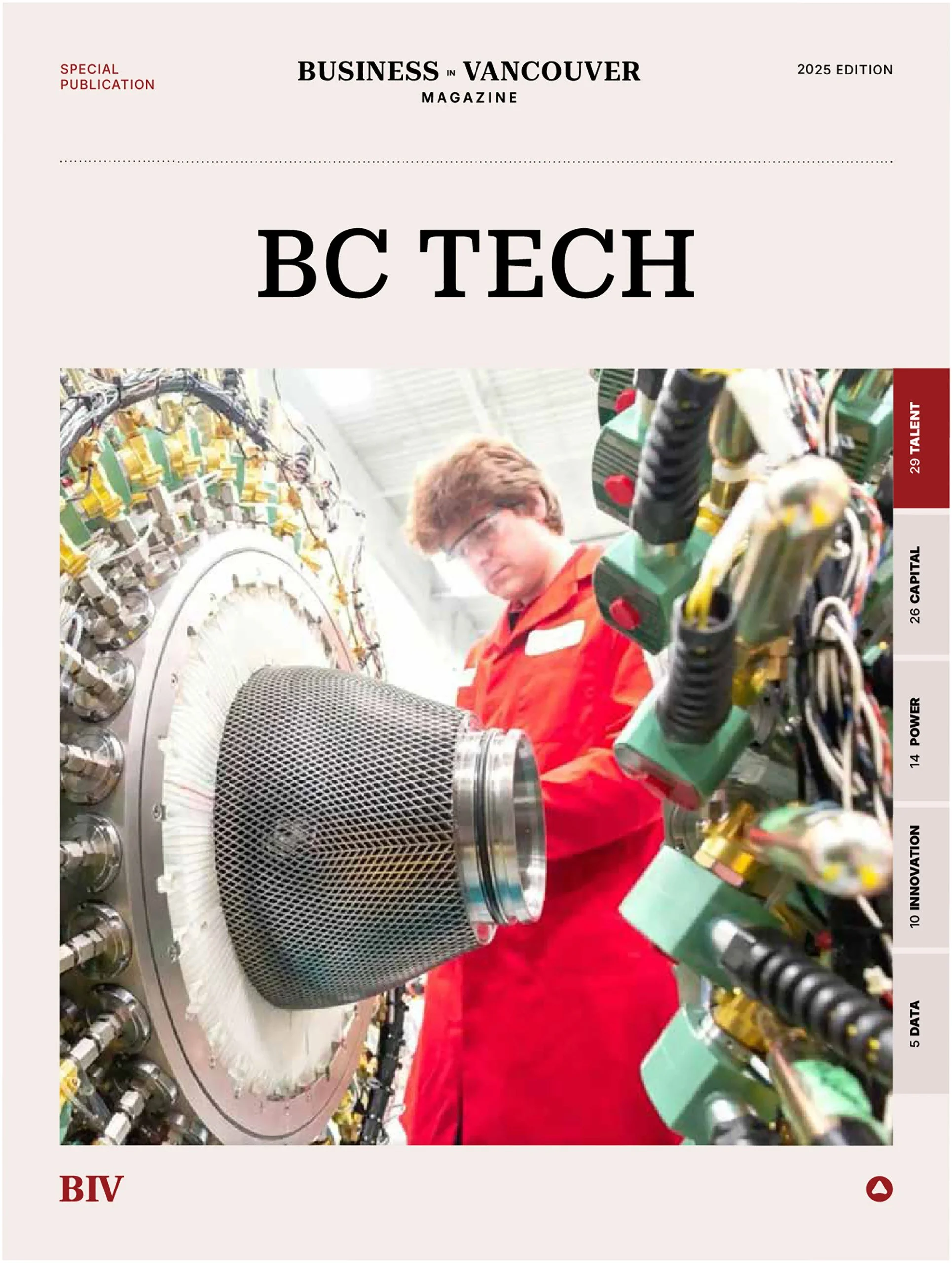 Cover of BIV Magazine October 2024 issue titled "BC Tech." The design features abstract blue digital graphics and highlights topics like digital twins, AI governance, and 2024 technology impact award winners.
