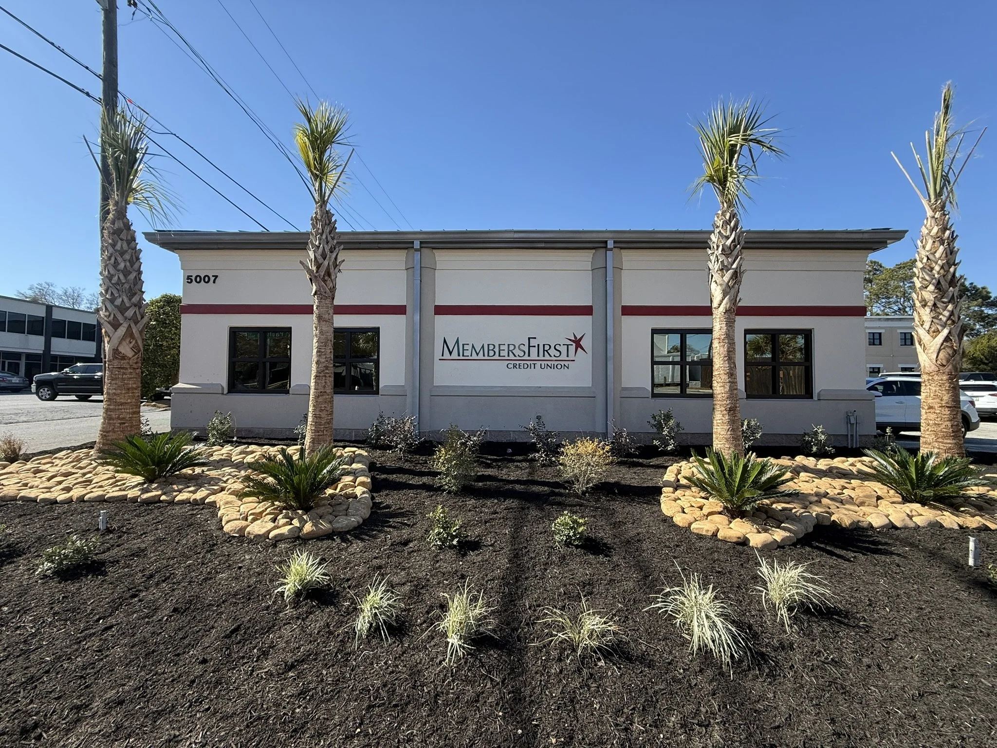 Exterior of a building with the sign 'Members First Credit Union', surrounded by palm trees and landscaped with rocks and small plants, under a clear blue sky.