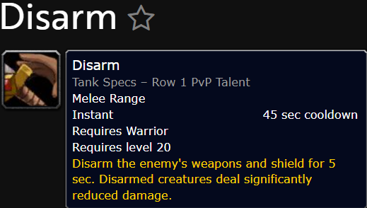 Disarm is a pvp talent in World of warcraft: Midnight, description sais what it does