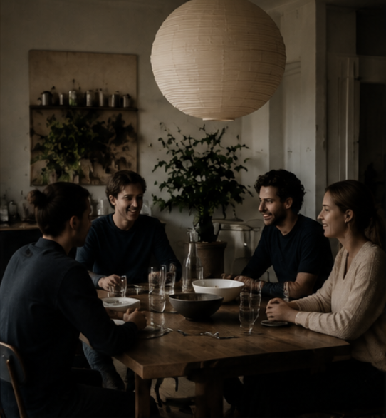Vier Menschen sitzen an einem Holztisch, lachen und unterhalten sich in einem gemütlichen Raum mit Pflanzen und einer großen Papierlampe.