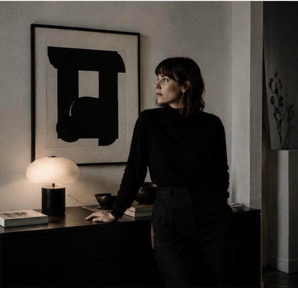 Eine Frau in schwarzer Kleidung lehnt an einer schwarzen Sideboard in einem modern eingerichteten Raum, im Hintergrund ein abstraktes Kunstwerk an der Wand und eine Tischlampe auf dem Sideboard.