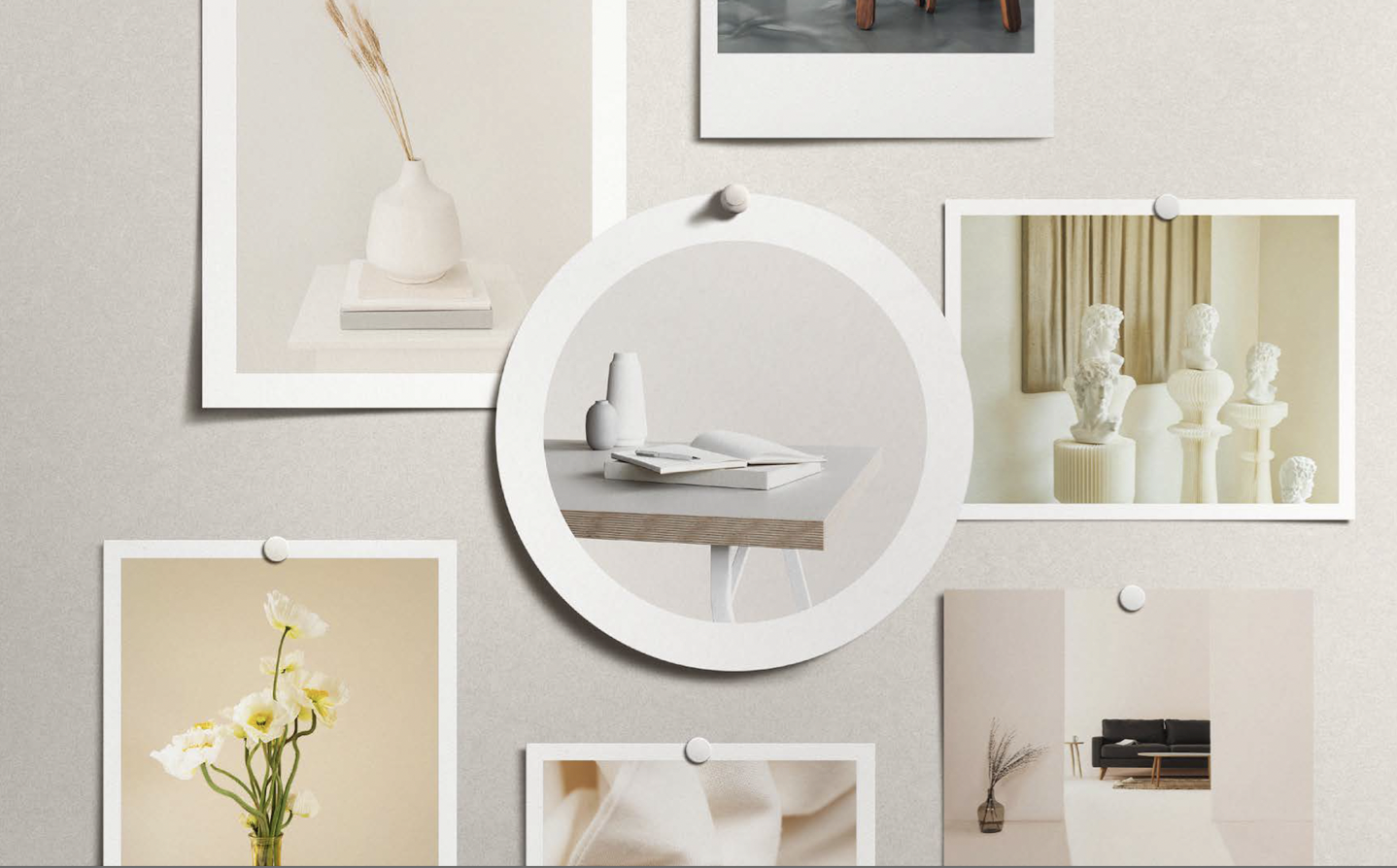 Ein Wand-Display mit mehreren Fotos und einem runden Spiegel, die überwiegend weiße und beige Farbtöne zeigen, mit Vasen, Skulpturen und Dekorationsgegenständen in modernem Stil.