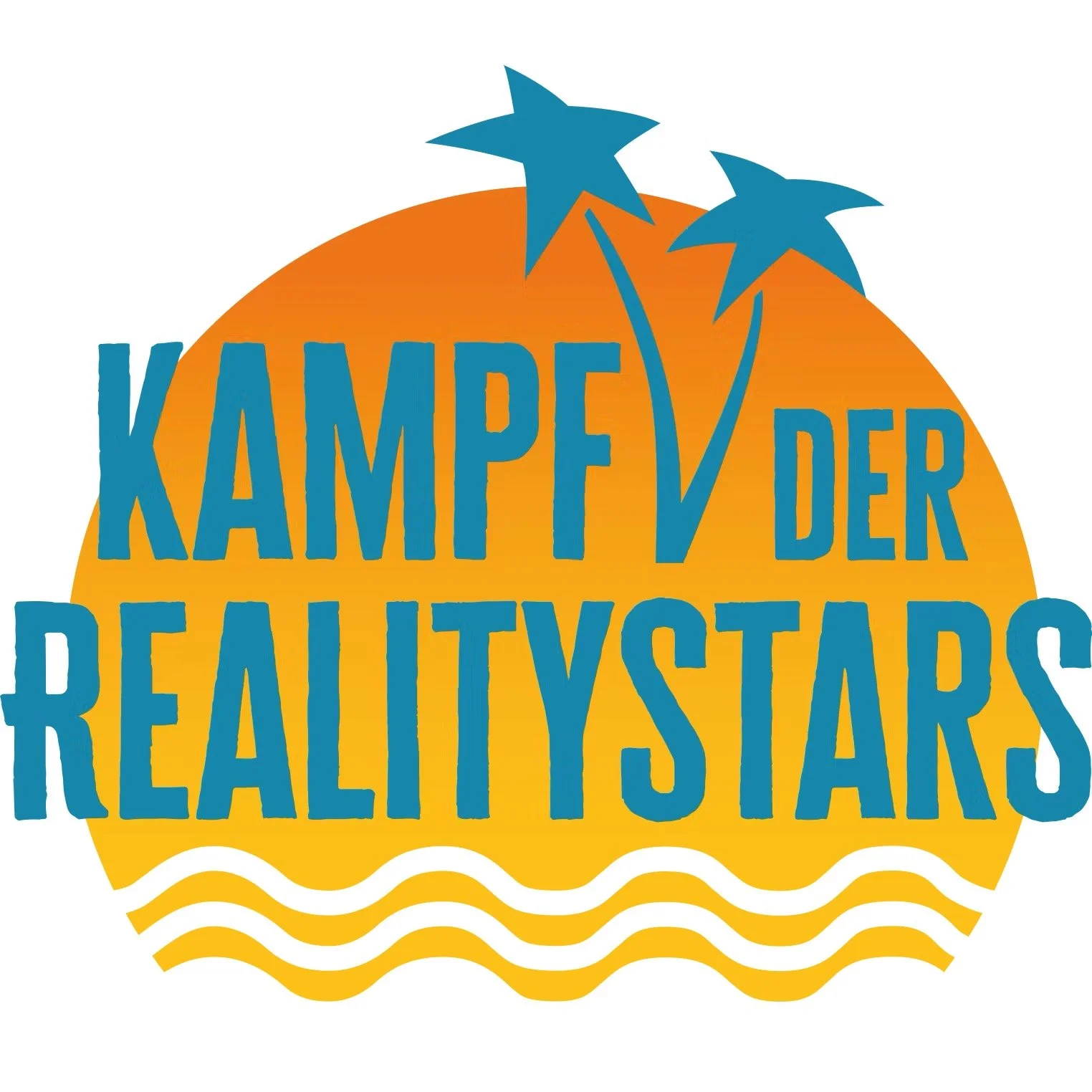 Logo mit Text 'KAMPF DER BEAUTYSTARS' auf einer orangefarbenen, kreisförmigen Hintergrund mit blauen Sternen und Wellenmuster am unteren Rand.