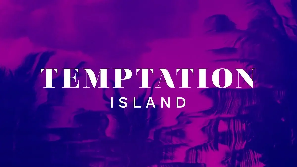 Der Titelbildschirm zeigt 'Temptation Island' mit einem bläulich-violetten Wasserhintergrund.