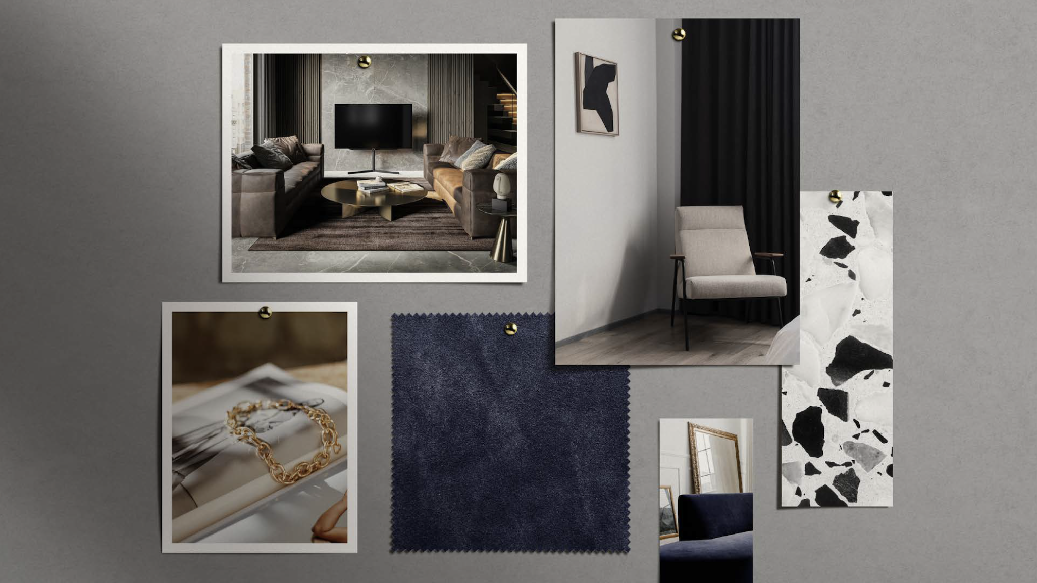 Wand mit Collage von Einrichtungselementen, darunter ein Bild eines modernen Wohnzimmers, ein Stoffmustertuch in Dunkelblau, eine schwarz-weiße Musterkarte, ein Schmuckfoto mit Goldkette und weitere Bilder.