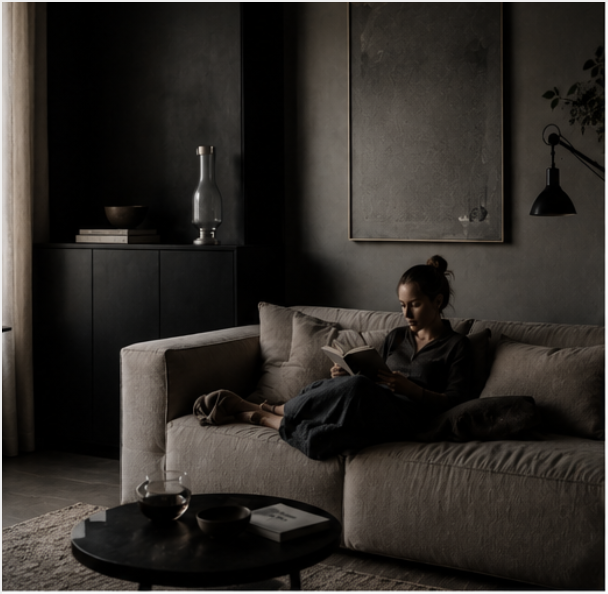 Frau liest entspannt auf einem grauen Sofa in einem modern eingerichteten Wohnzimmer.
