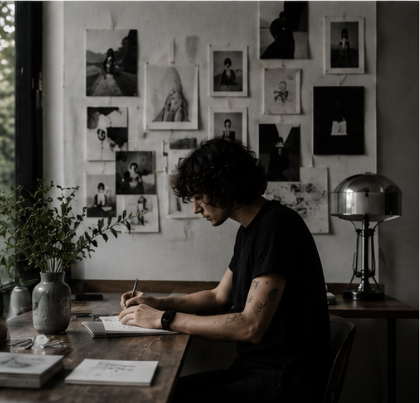 Junger Mann mit dunklem Haar, Brille und Tattoos on the arm, schreibt in einem Notizbuch an einem Schreibtisch aus Holz, im Hintergrund Wand mit mehreren Fotos in Schwarz-Weiß und Farbe, ein Fenster, einige Pflanzen und eine Lampe auf dem Tisch.