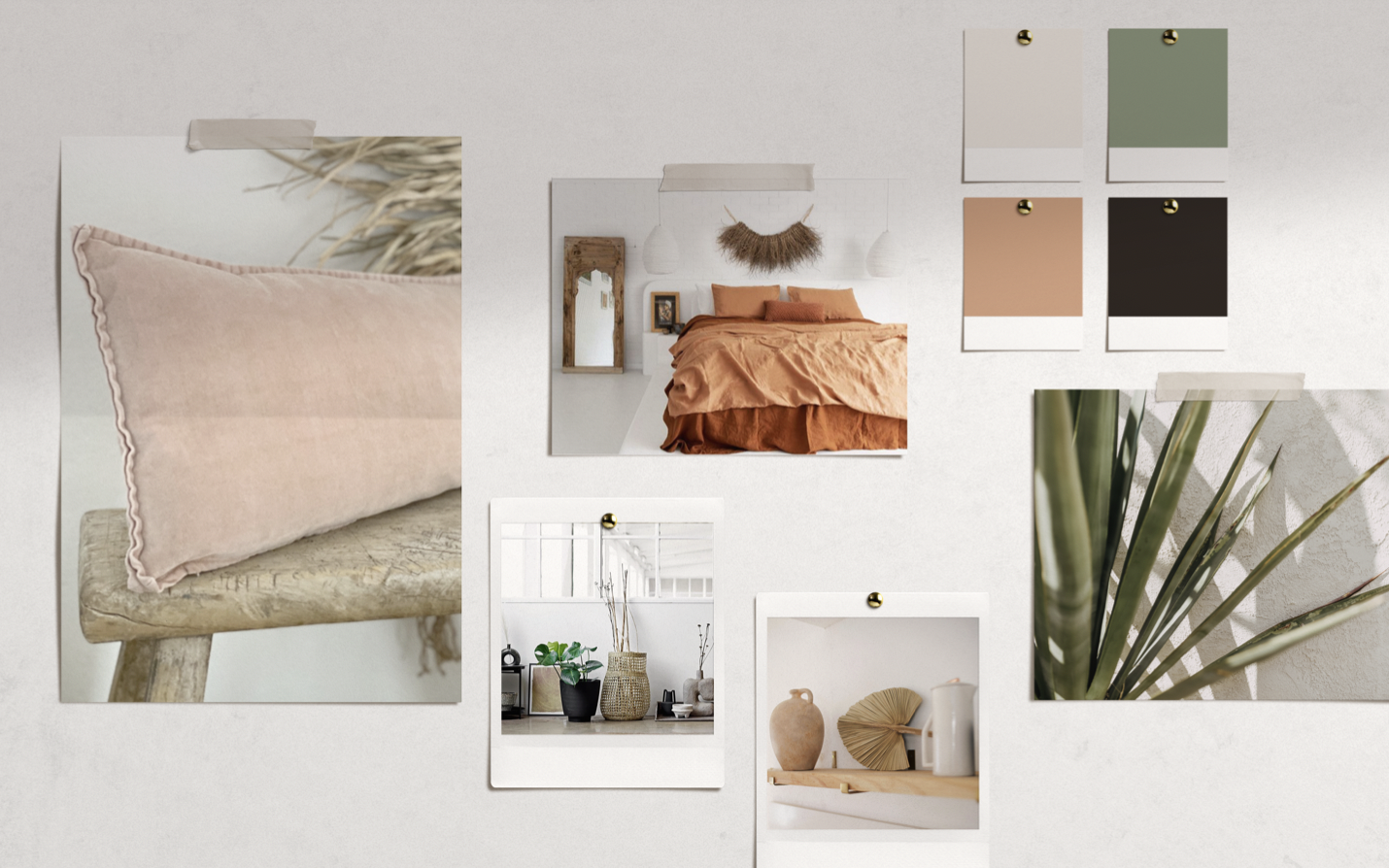 Ein Moodboard mit Fotos von Inneneinrichtung in neutralen und erdigen Tönen, inklusive Kissen, Schlafzimmer, Pflanzen und Dekorationsgegenständen.