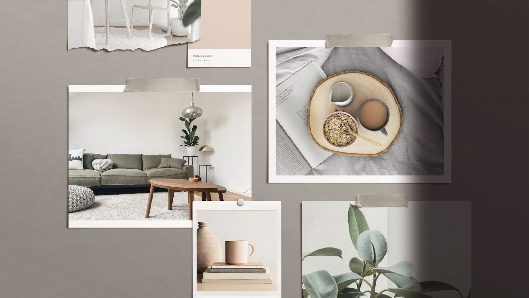 Ein Moodboard mit Innenarchitektur- und Designideen, inklusive Wohnzimmer, Möbel, Pflanzen, Farbmustern und Dekorationsmaterialien.